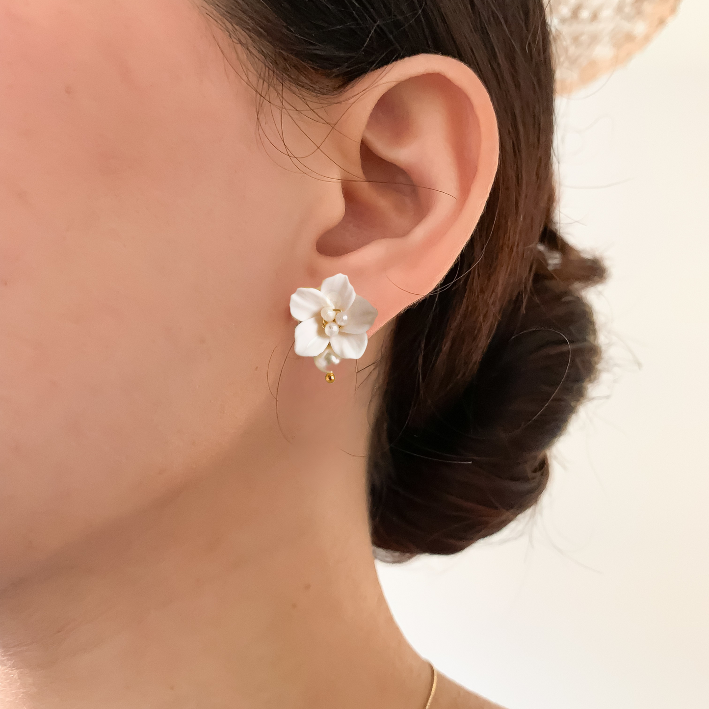 Pearl Flower Bridal Earrings: White Polymer Clay Flower Earrings