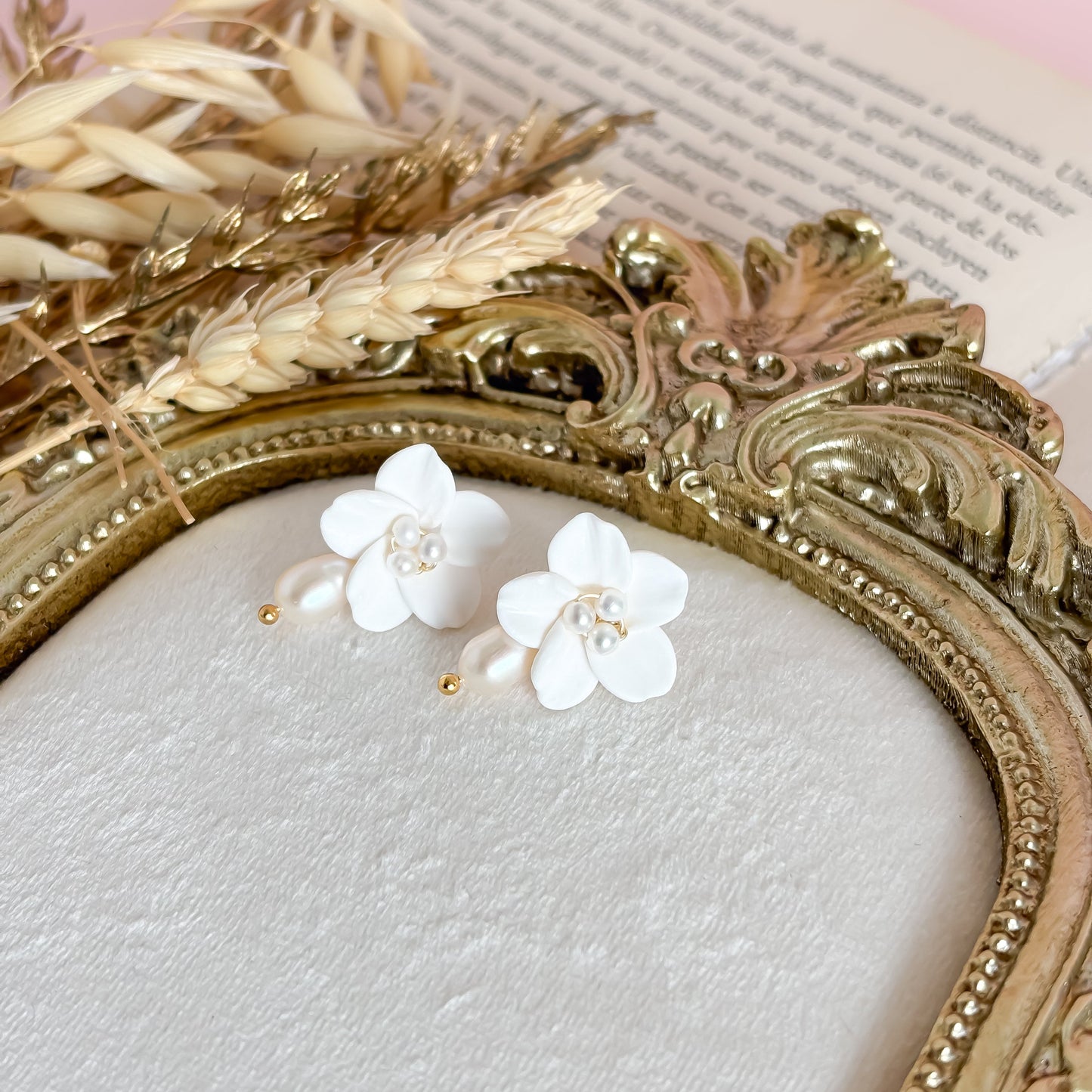 Pearl Flower Bridal Earrings: White Polymer Clay Flower Earrings