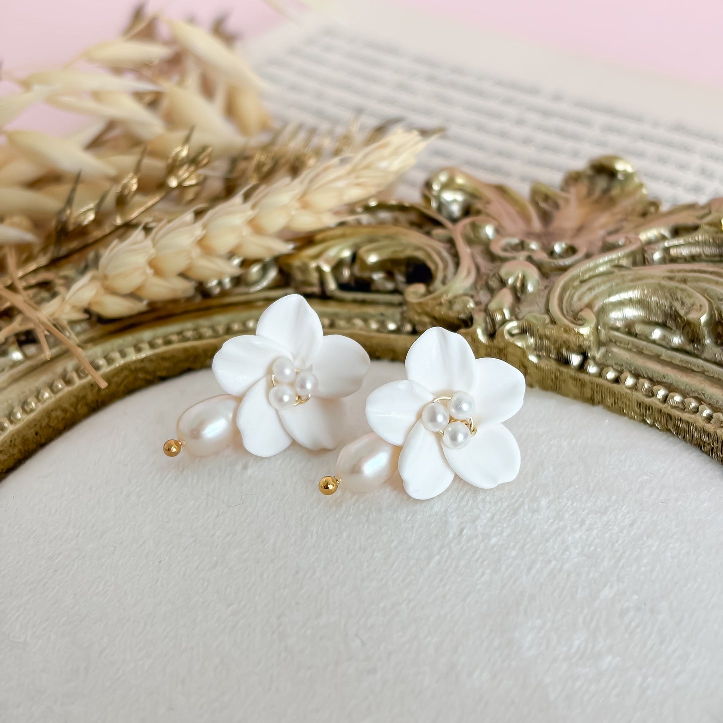 Pearl Flower Bridal Earrings: White Polymer Clay Flower Earrings