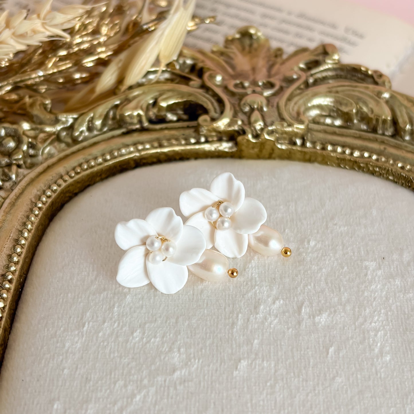 Pearl Flower Bridal Earrings: White Polymer Clay Flower Earrings