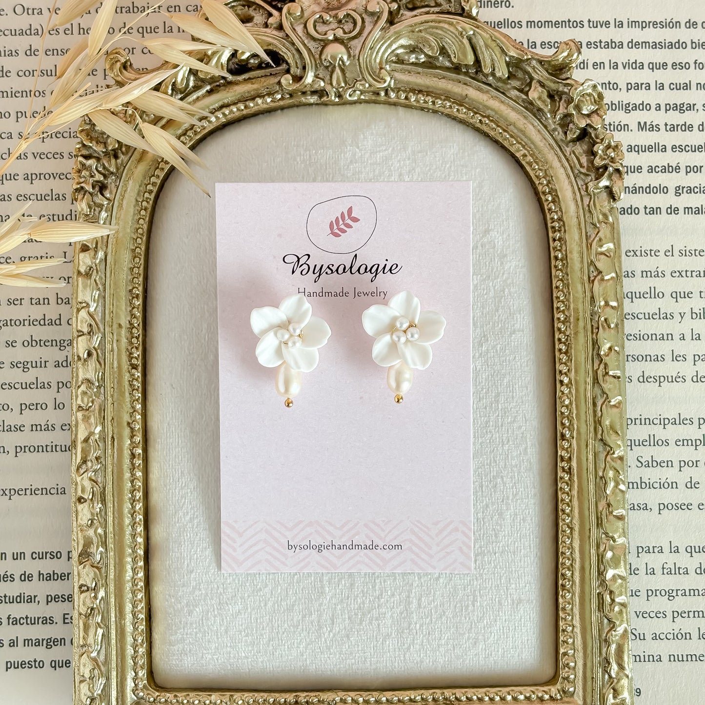 Pearl Flower Bridal Earrings: White Polymer Clay Flower Earrings