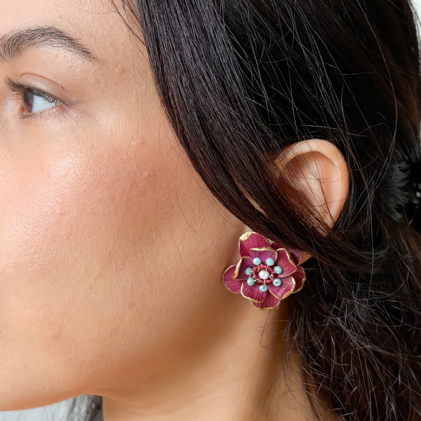 Fiorella-Elegant Bordeaux Maxi Flower Statement Earrings
