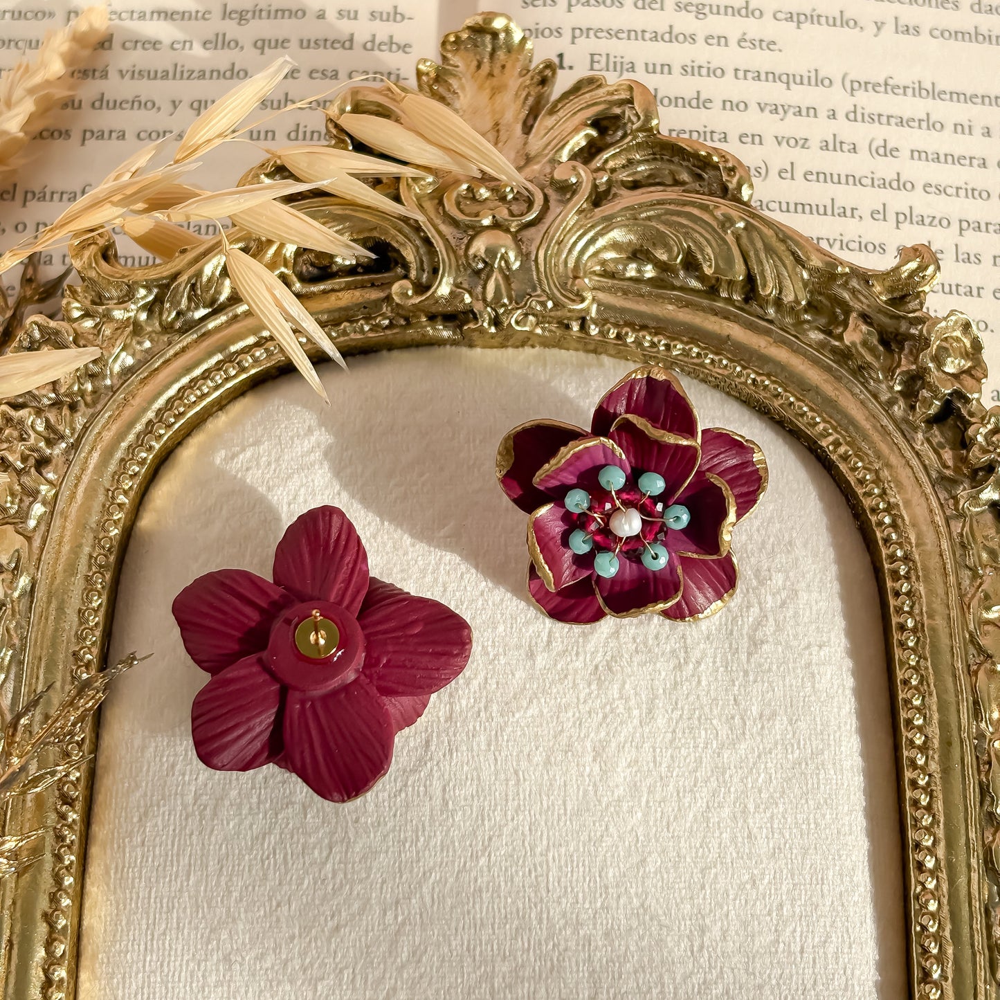 Fiorella-Elegant Bordeaux Maxi Flower Statement Earrings