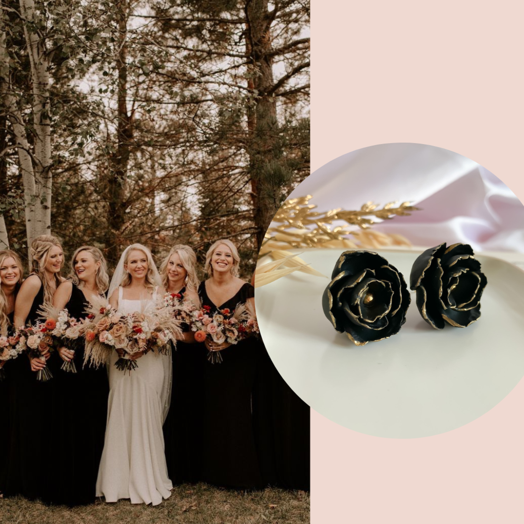 Bridesmaids ideas with black floral stud earrings