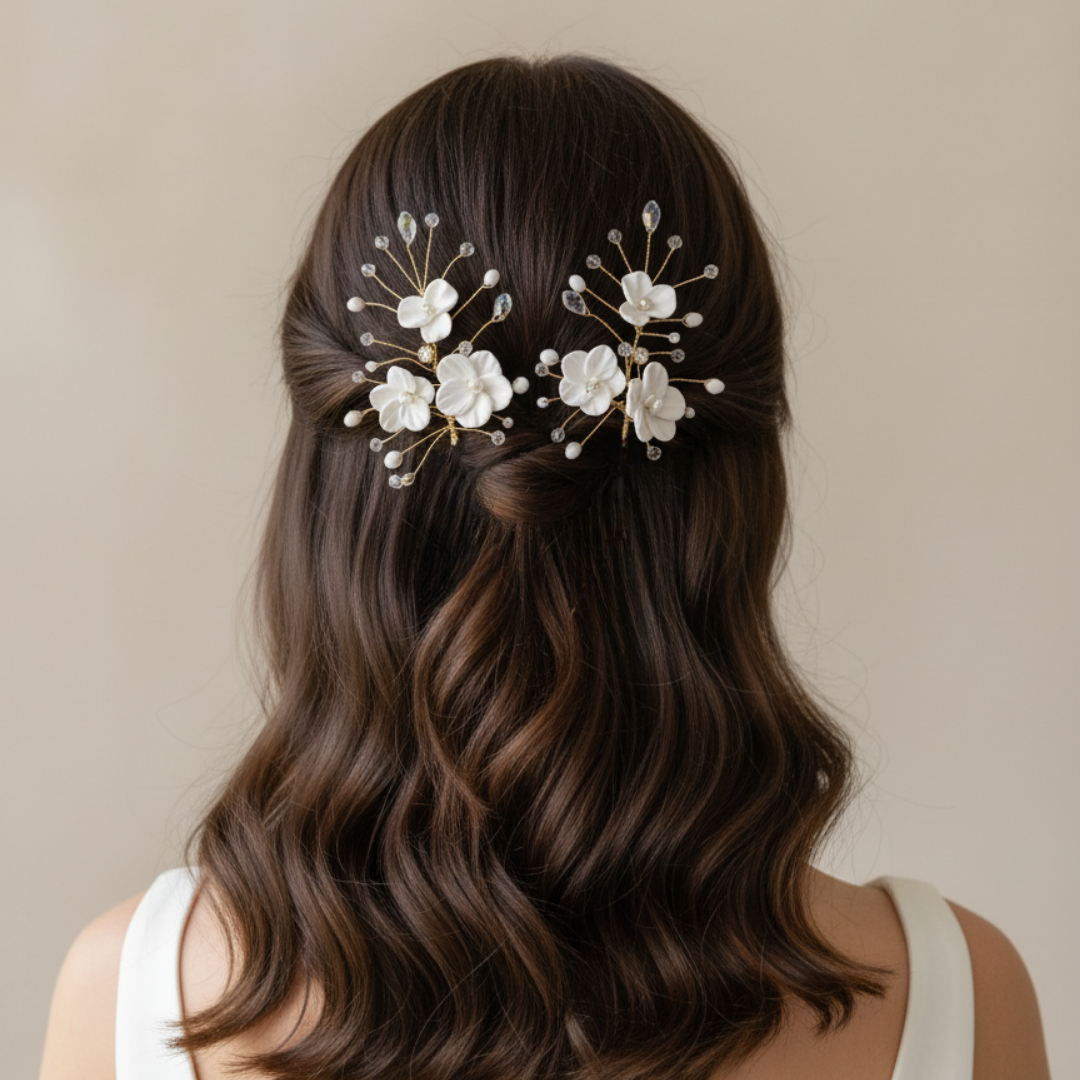 Woman with long, wavy hair wearing clay floral hairpins 