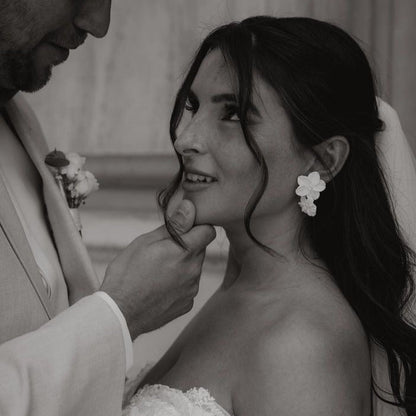 real bride with the double flower design earrings in her wedding