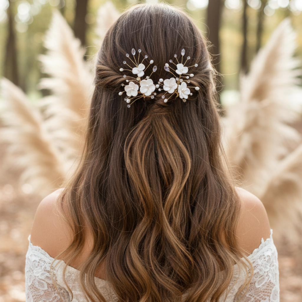 Woman with wavy hair wearing a floral hairpiece 
