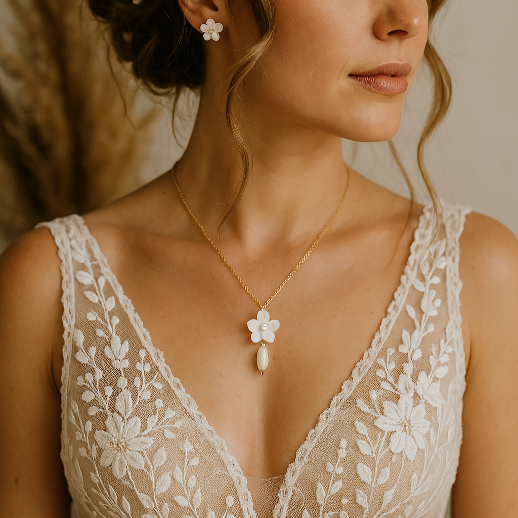Dainty floral necklace with pearl drop