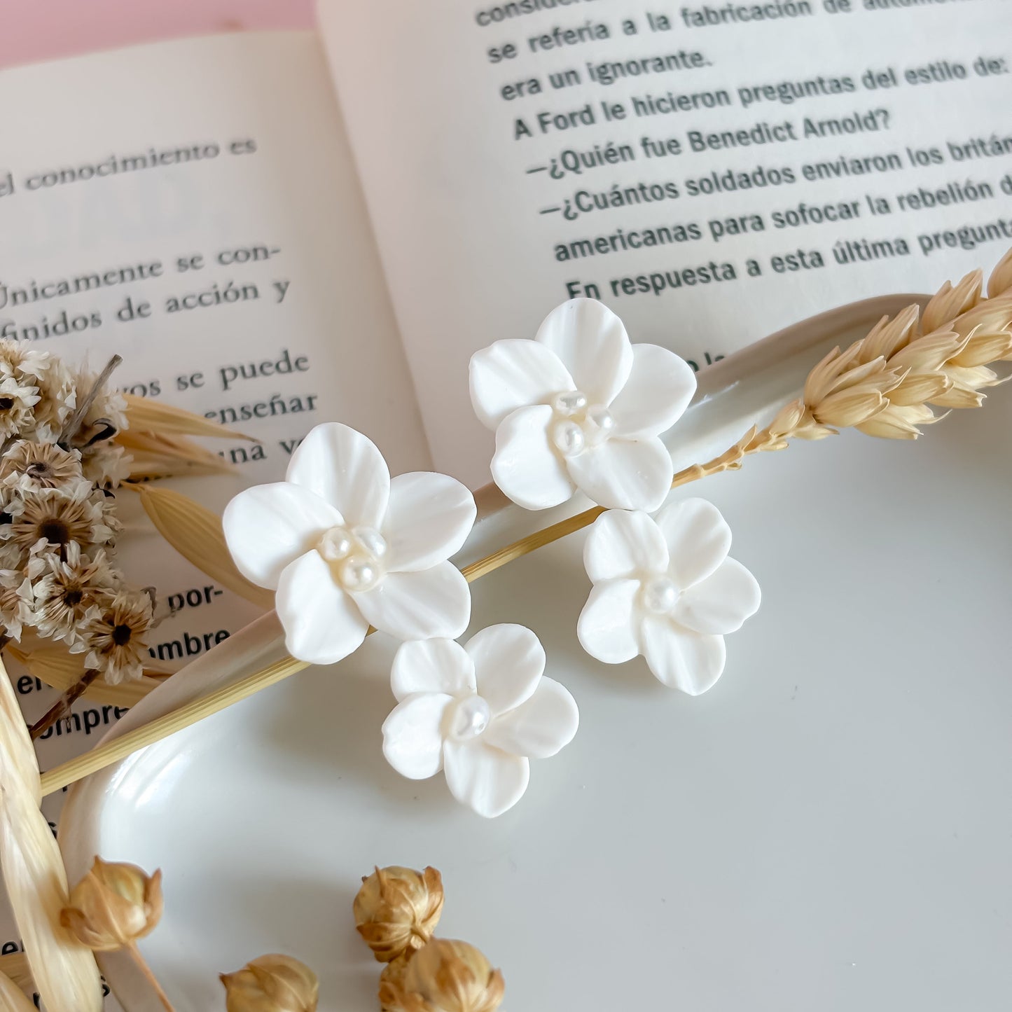 Aria-White Flower Bridal Earrings with Pearl drop