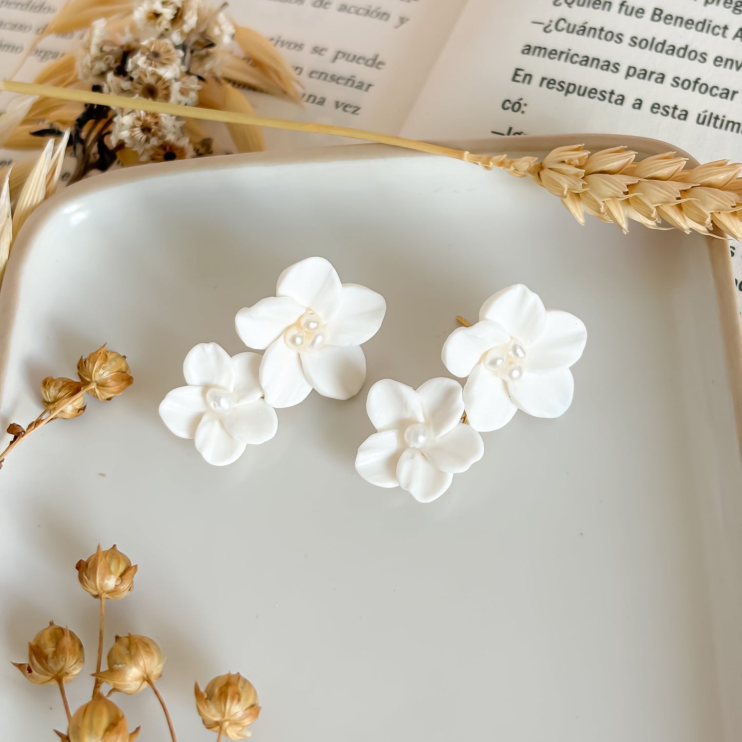 Aria-White Flower Bridal Earrings with Pearl drop