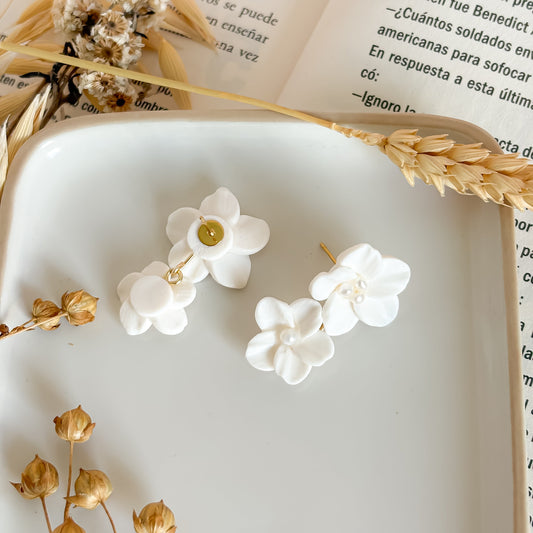 Aria-White Flower Bridal Earrings with Pearl drop