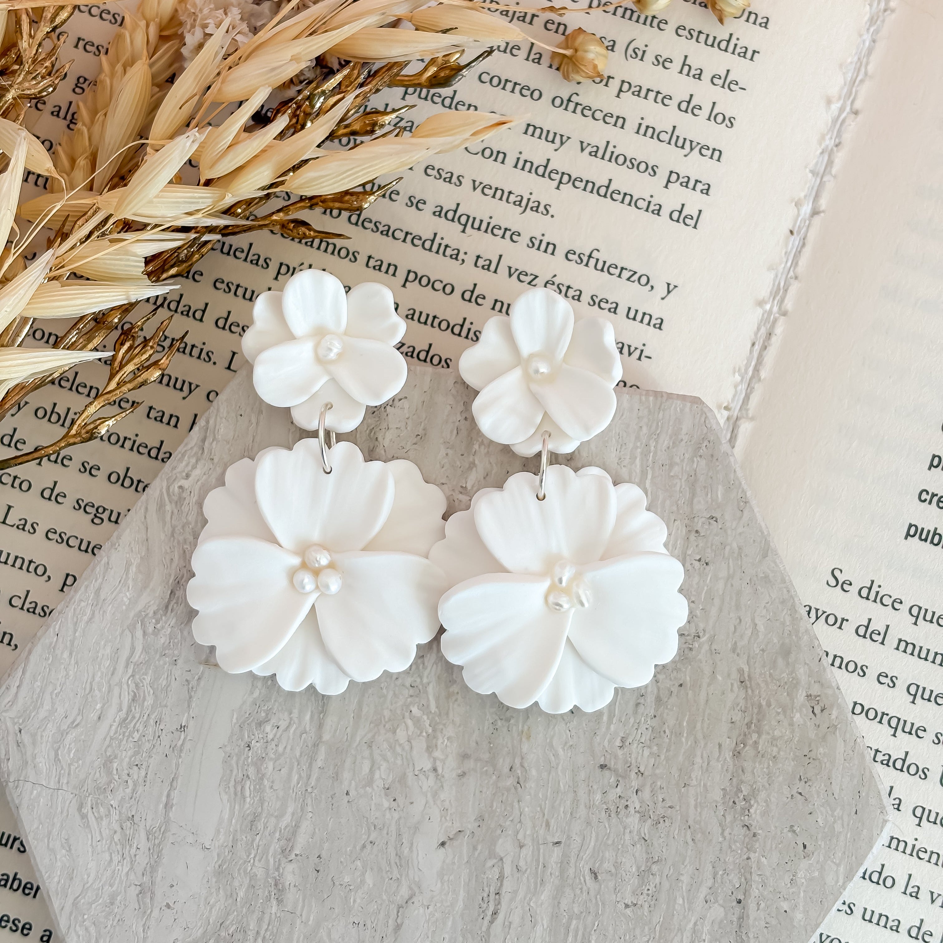 Annie – Elegant White Porcelain Floral Statement Earrings for Brides