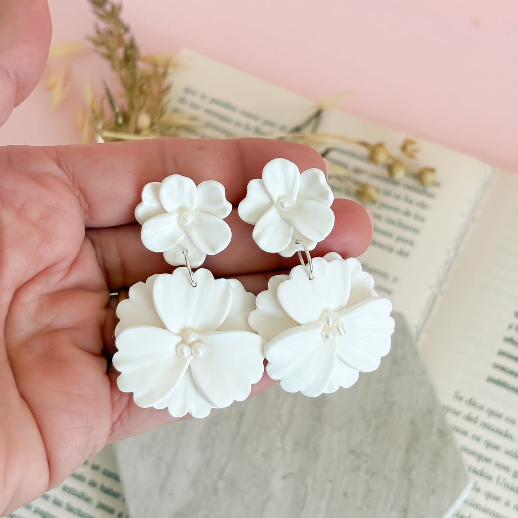 Annie – Elegant White Porcelain Floral Statement Earrings for Brides