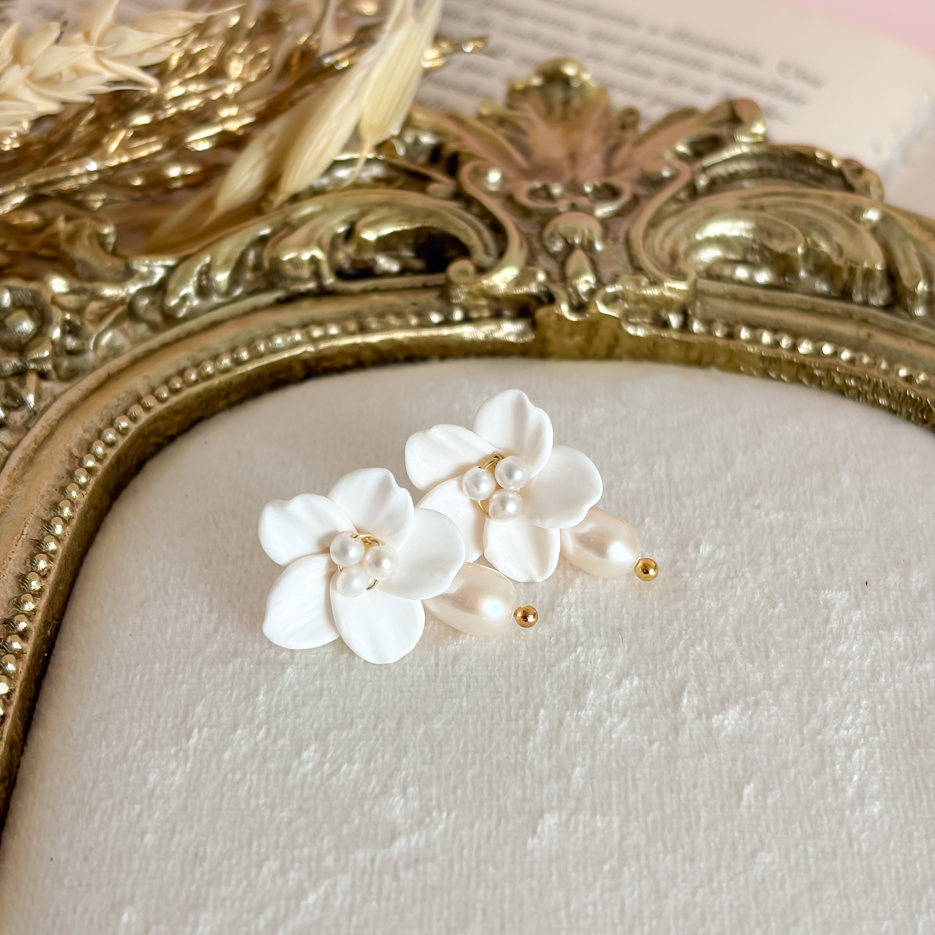 Triana-Pearl Flower Bridal Drop Earrings