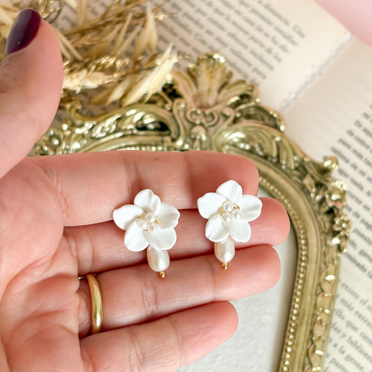 Pearl Flower Bridal Earrings: White Polymer Clay Flower Earrings