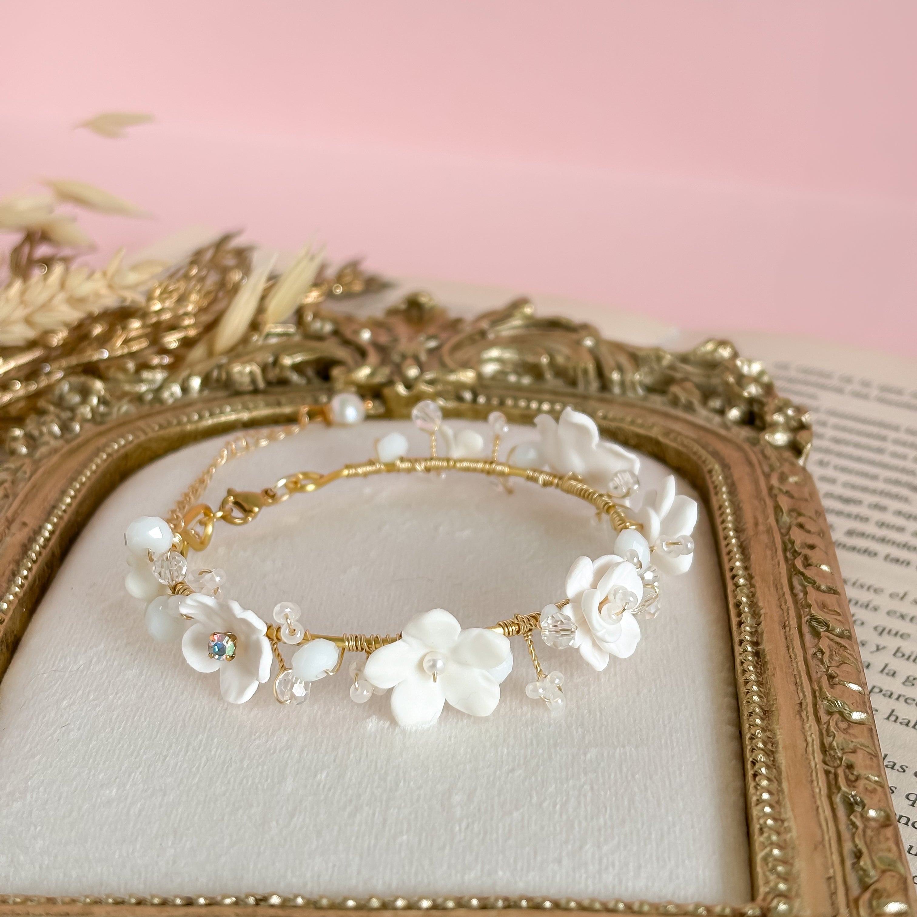 Fiori- Floral Clay Bridal Bracelet – Handmade Wedding Jewelry with Pearls