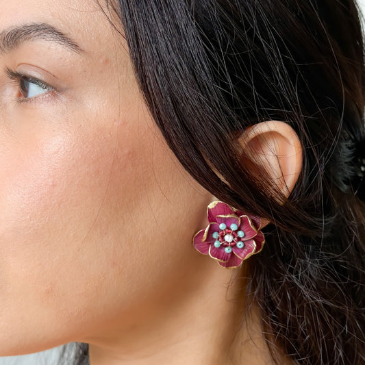 Fiorella-Elegant Bordeaux Maxi Flower Statement Earrings