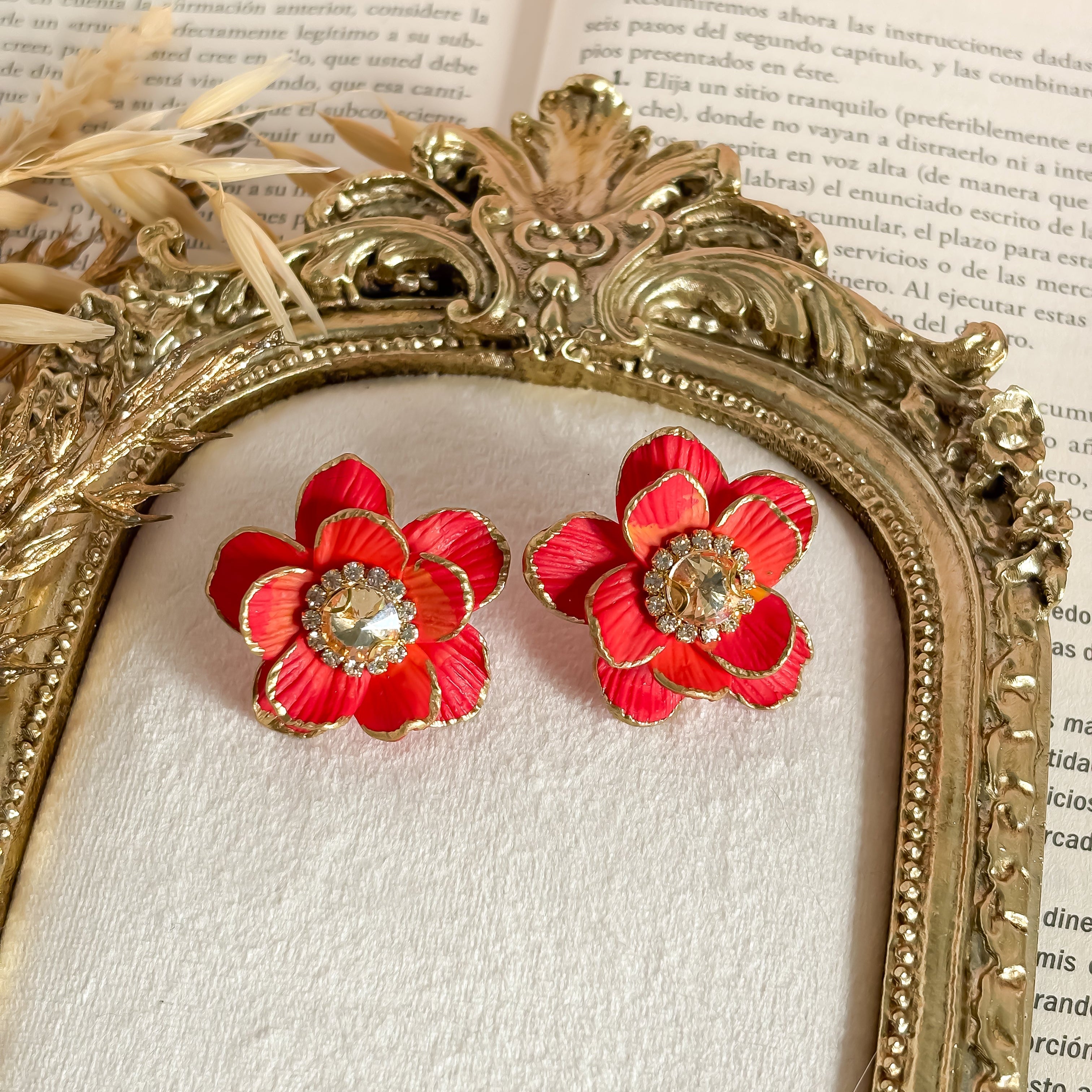 Fiorella- Red Flower Stud Earrings with crystal