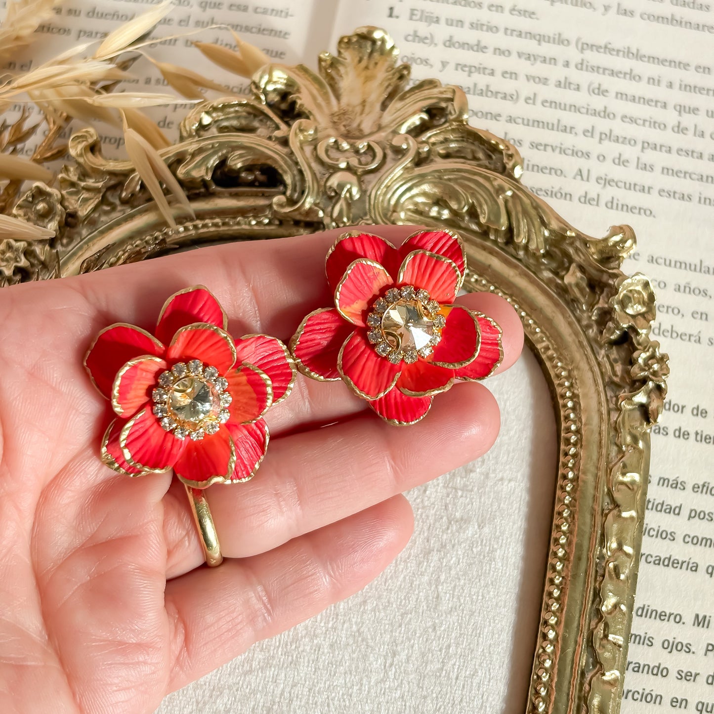Fiorella - Red flower earrings with crystal beads in the middle