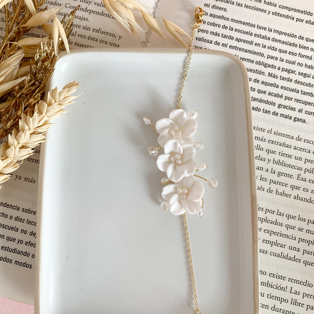 Handmade Bridal Floral Bracelet: Polymer Clay Flowers & Pearls