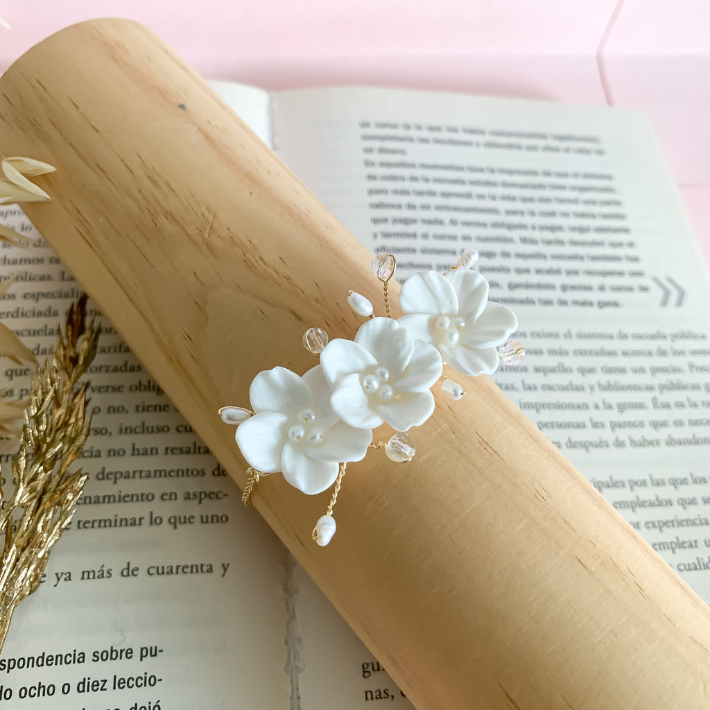 Handmade Bridal Floral Bracelet: Polymer Clay Flowers & Pearls