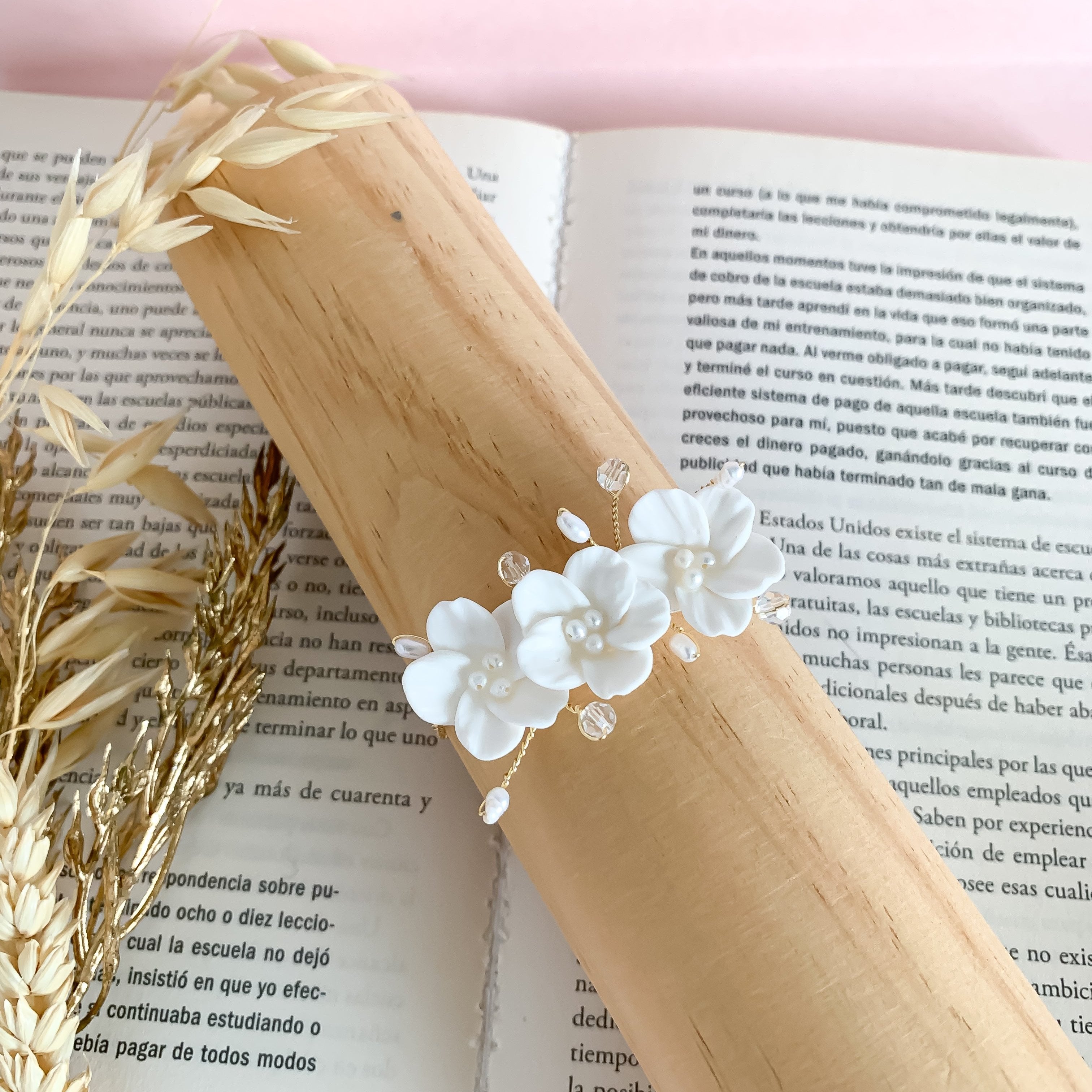 Handmade Bridal Floral Bracelet: Polymer Clay Flowers & Pearls