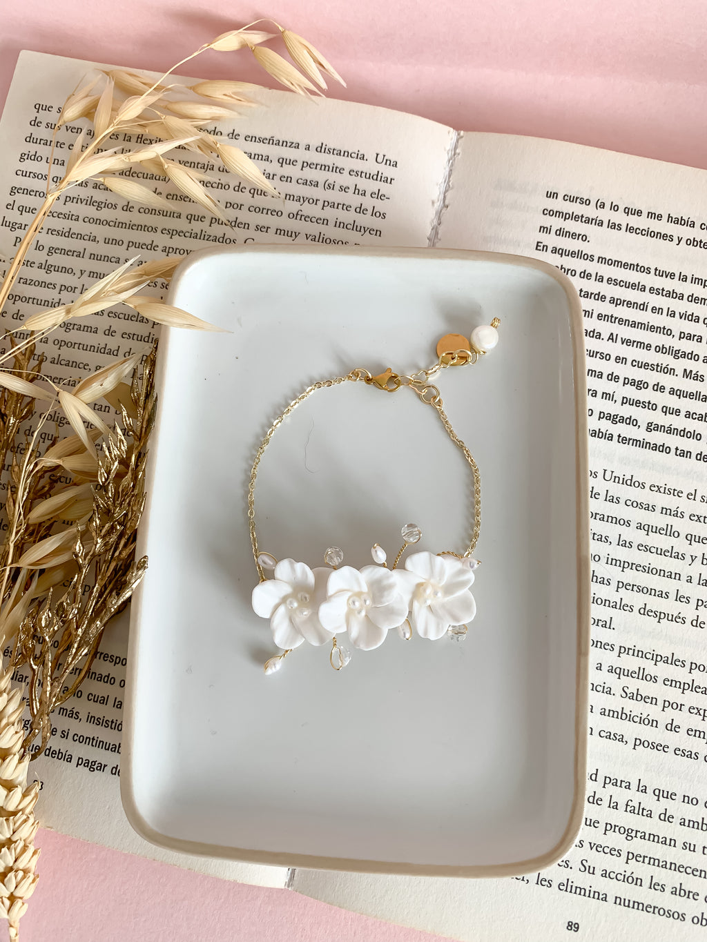 Handmade Bridal Floral Bracelet: Polymer Clay Flowers & Pearls