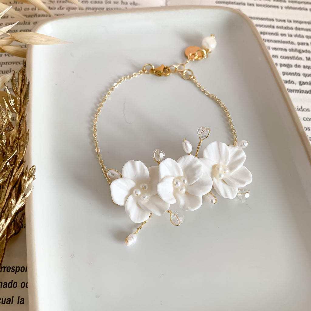 Handmade Bridal Floral Bracelet: Polymer Clay Flowers & Pearls