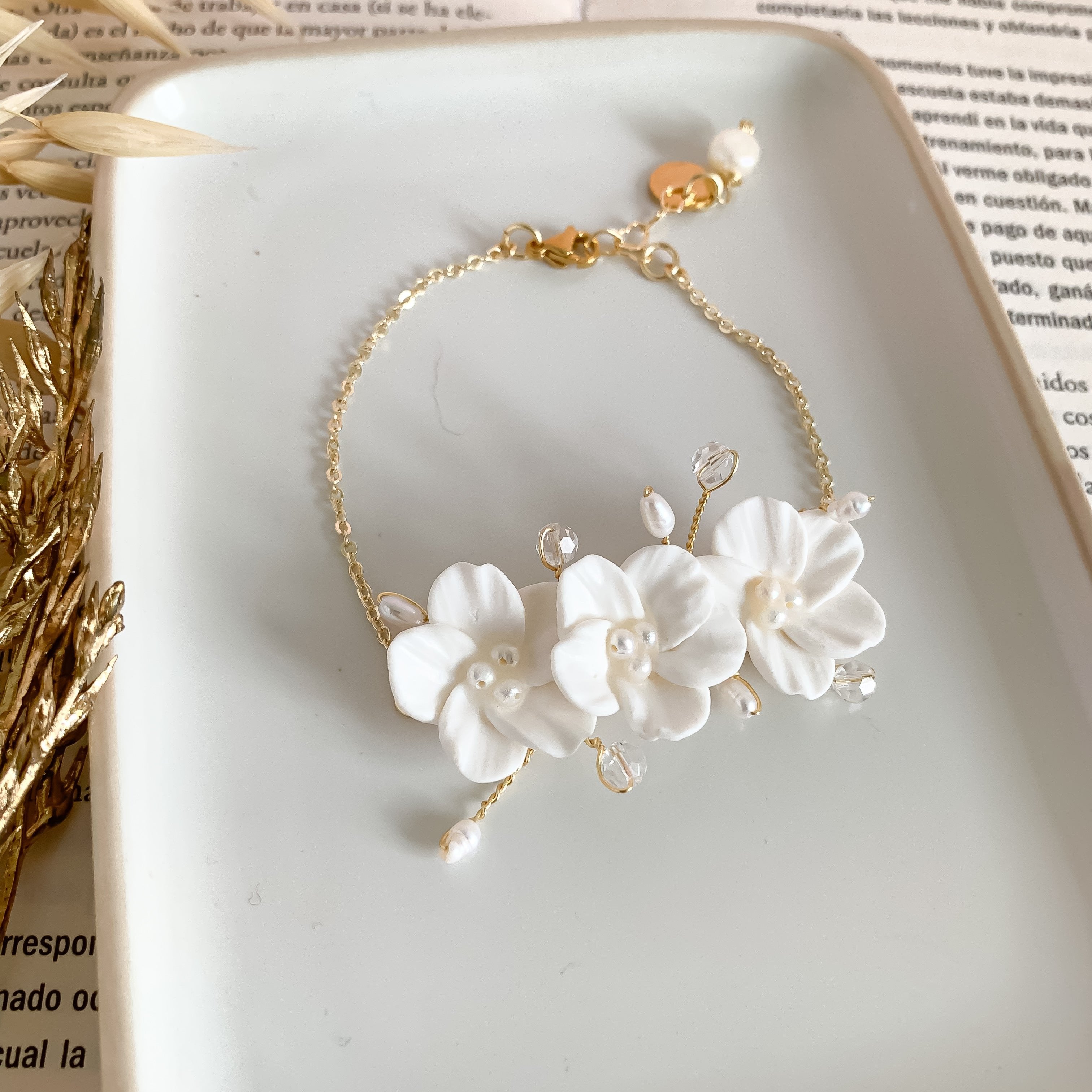 Handmade Bridal Floral Bracelet: Polymer Clay Flowers & Pearls