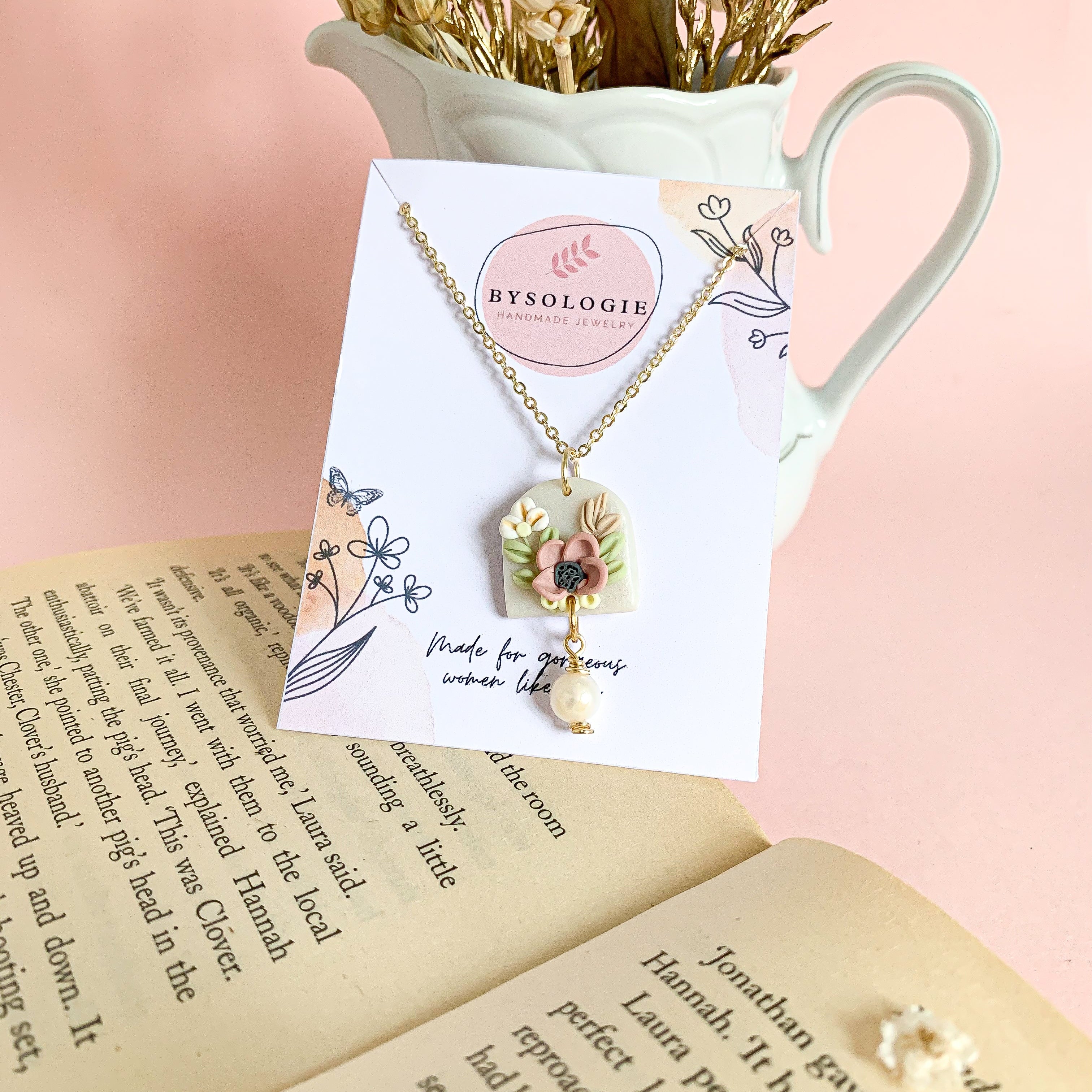 Handmade Polymer Clay Floral Necklace: Large Bouquet Pendant with Pearl