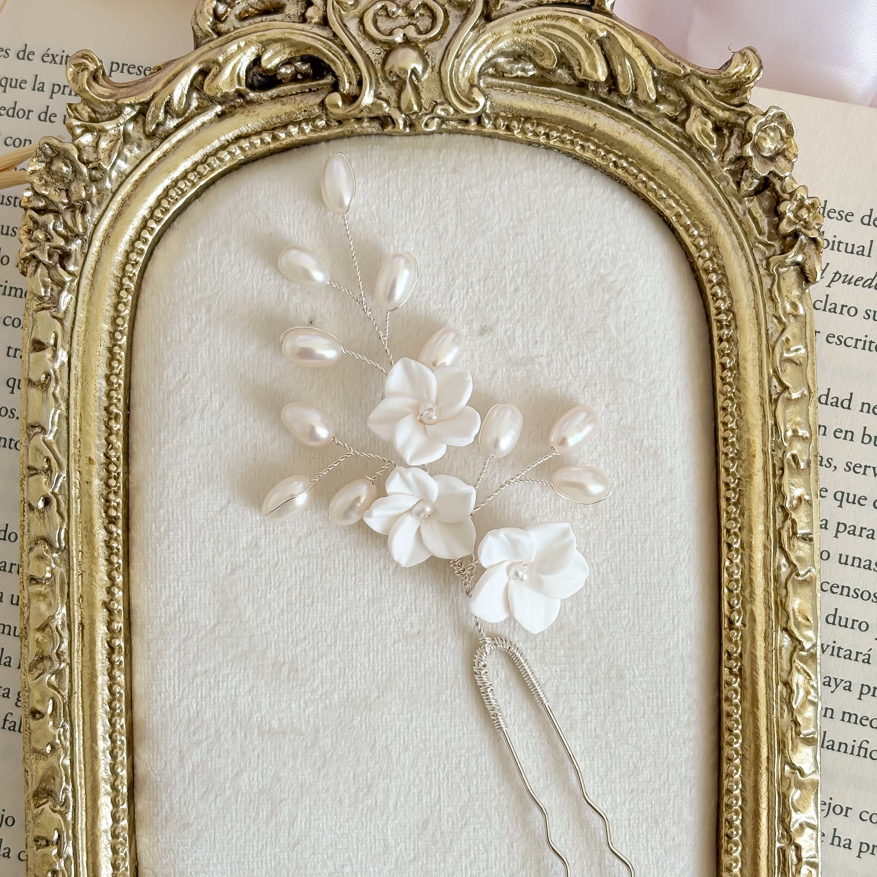 floral hair clips in clay and pearls