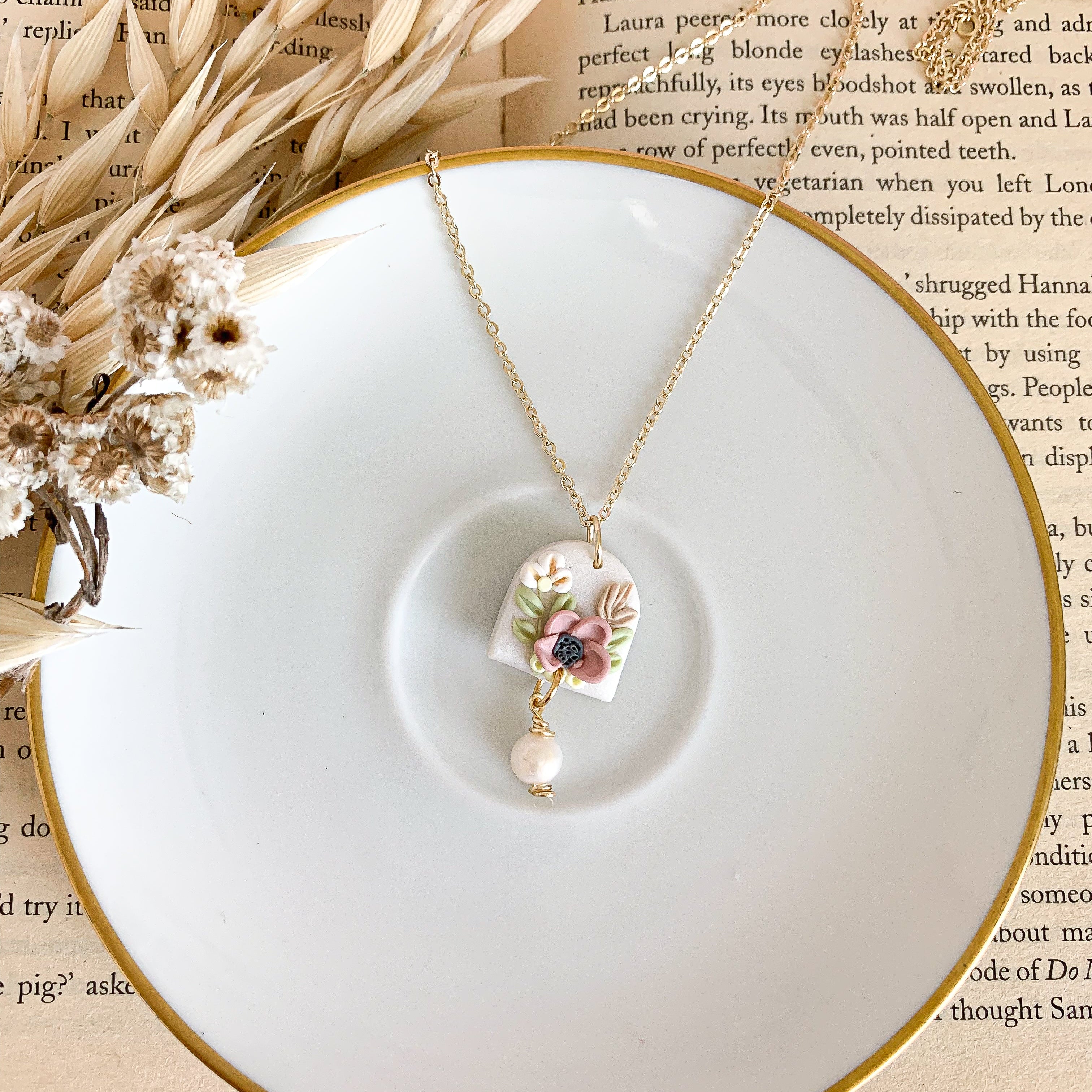 Handmade Polymer Clay Floral Necklace: Large Bouquet Pendant with Pearl