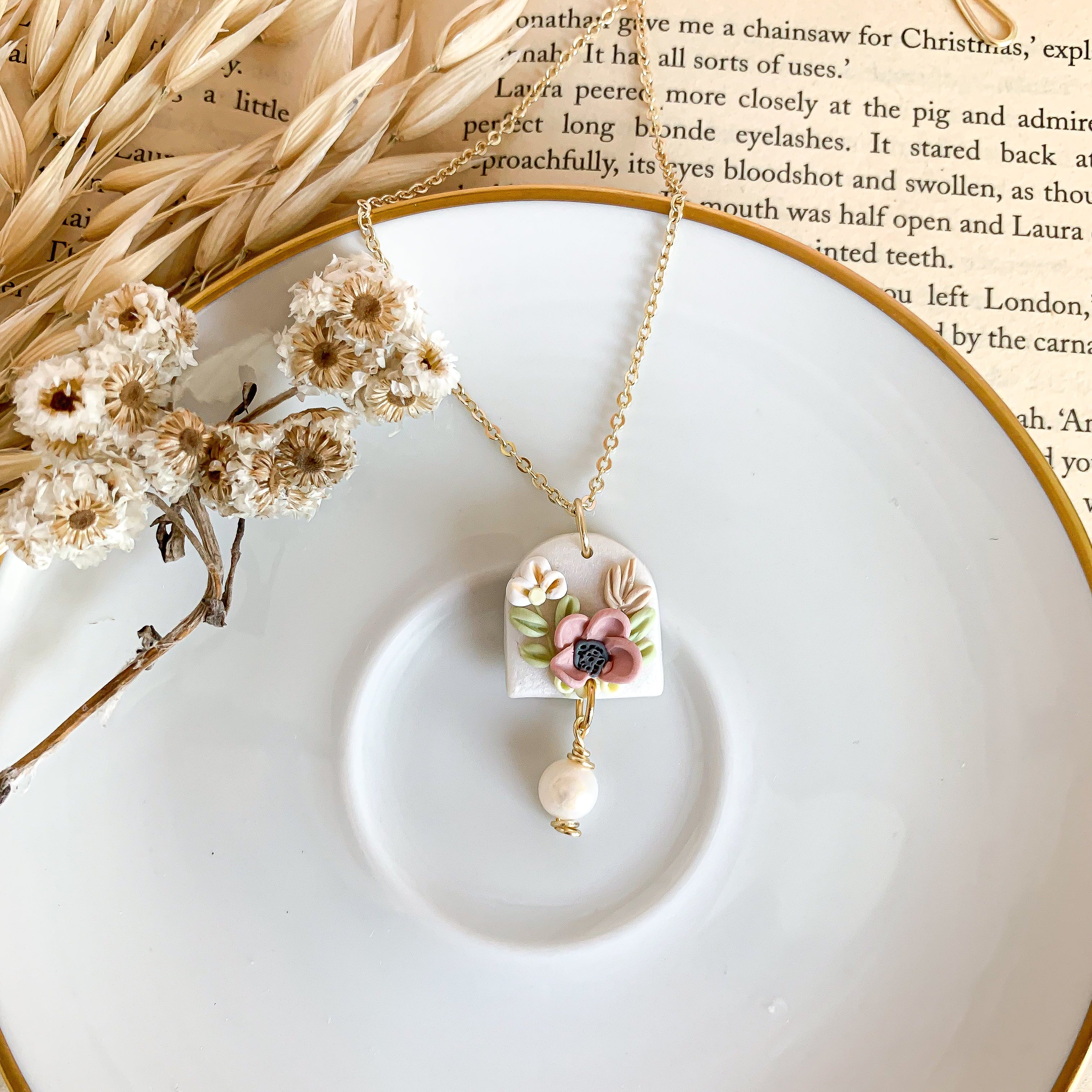 Handmade Polymer Clay Floral Necklace: Large Bouquet Pendant with Pearl