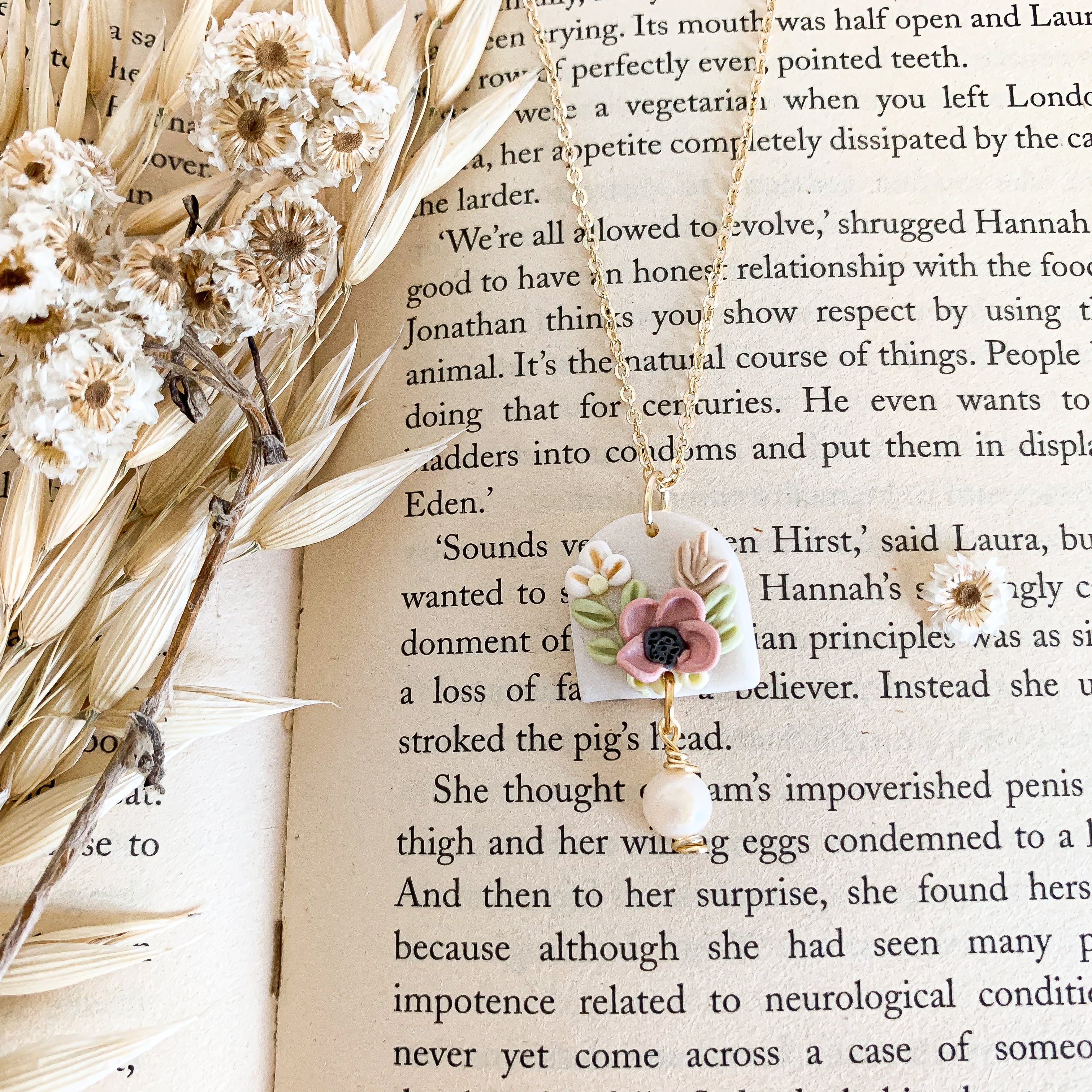 Handmade Polymer Clay Floral Necklace: Large Bouquet Pendant with Pearl