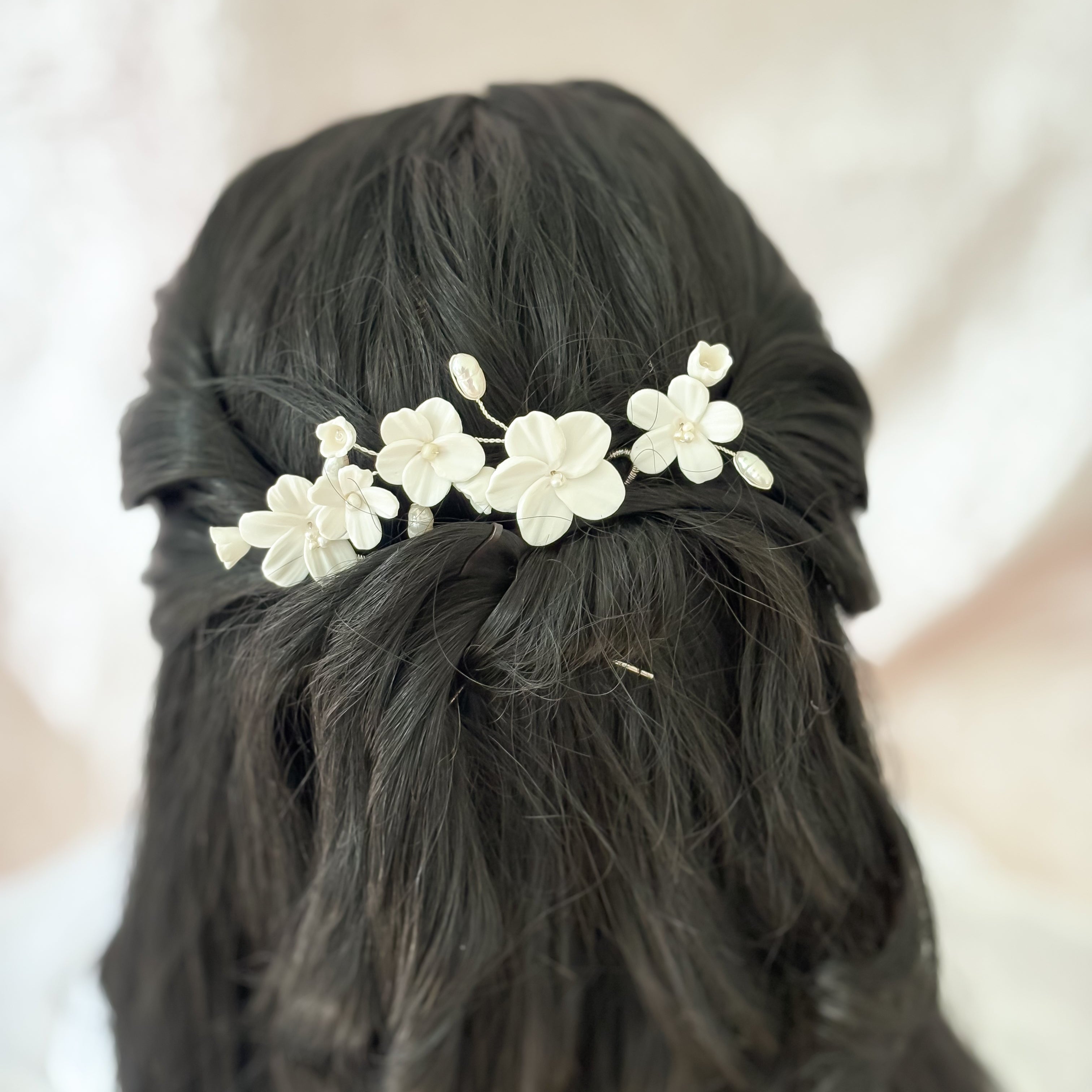 White Clay Flower Bridal Hair Pins: Pearl Wedding Hair Accessories - Set of 3
