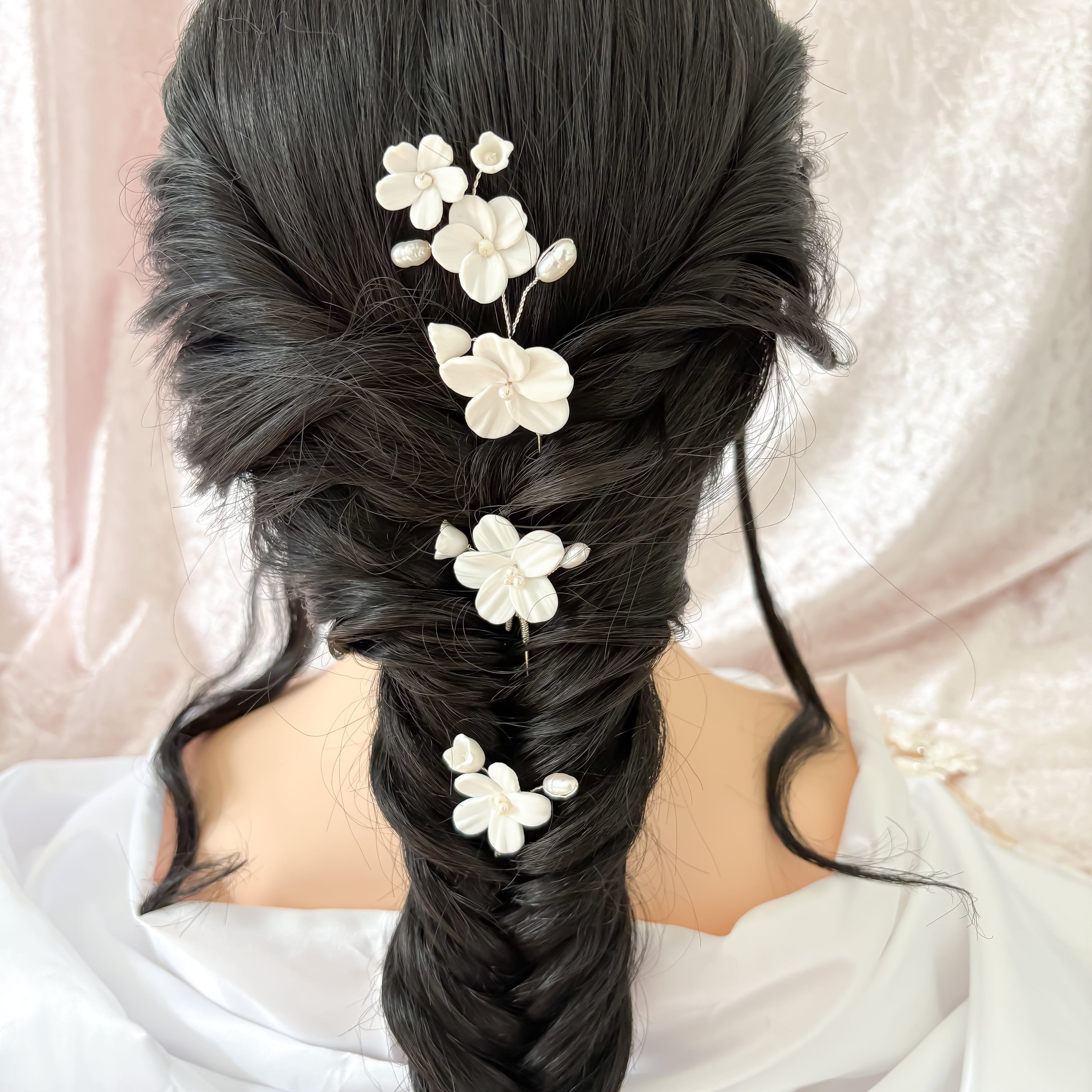 White Clay Flower Bridal Hair Pins: Pearl Wedding Hair Accessories - Set of 3