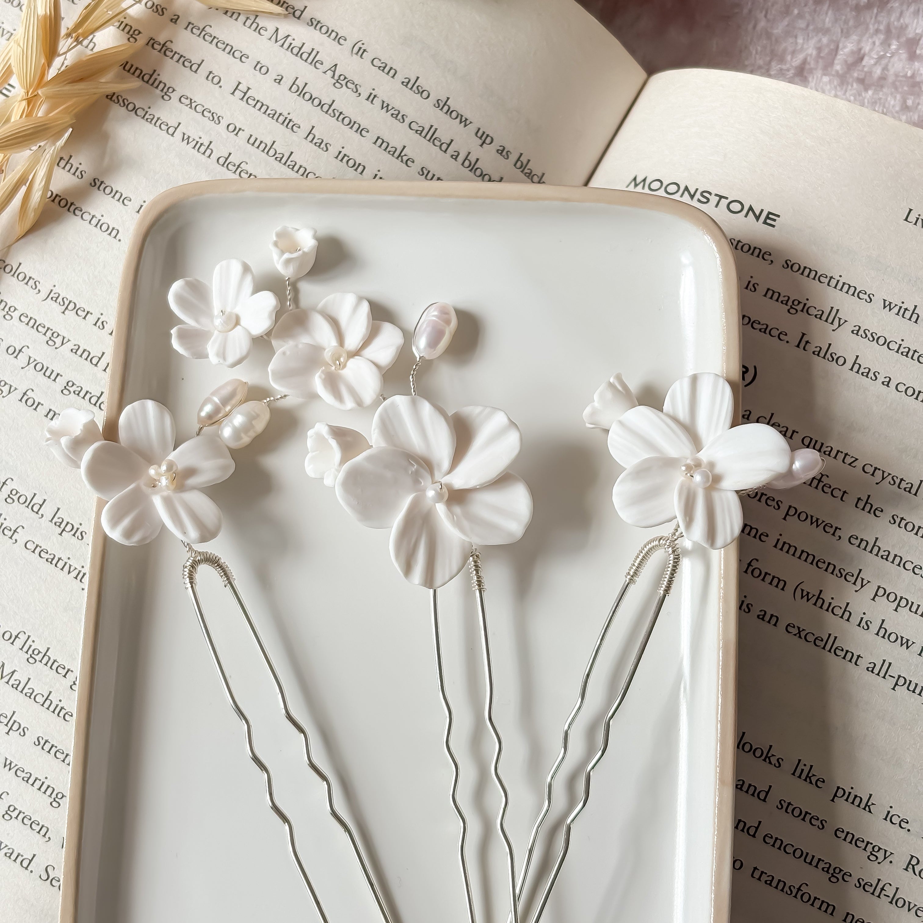 White Clay Flower Bridal Hair Pins: Pearl Wedding Hair Accessories - Set of 3