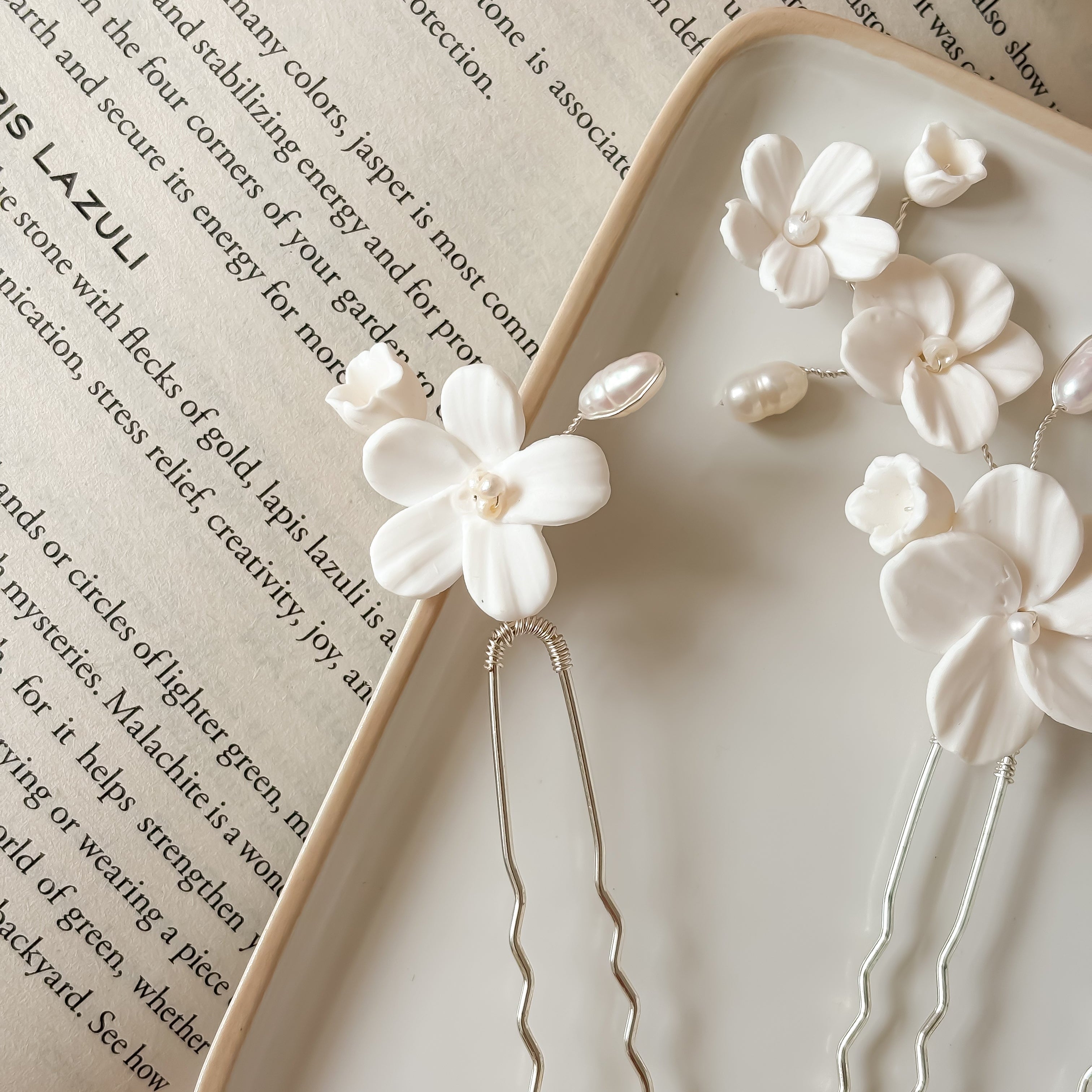 White Clay Flower Bridal Hair Pins: Pearl Wedding Hair Accessories - Set of 3