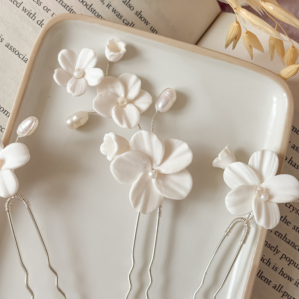 White Clay Flower Bridal Hair Pins: Pearl Wedding Hair Accessories - Set of 3