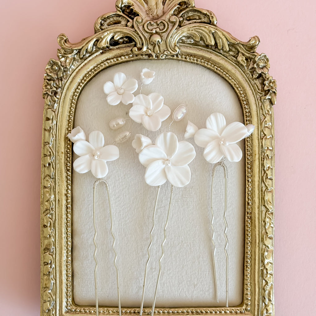 White Clay Flower Bridal Hair Pins: Pearl Wedding Hair Accessories - Set of 3