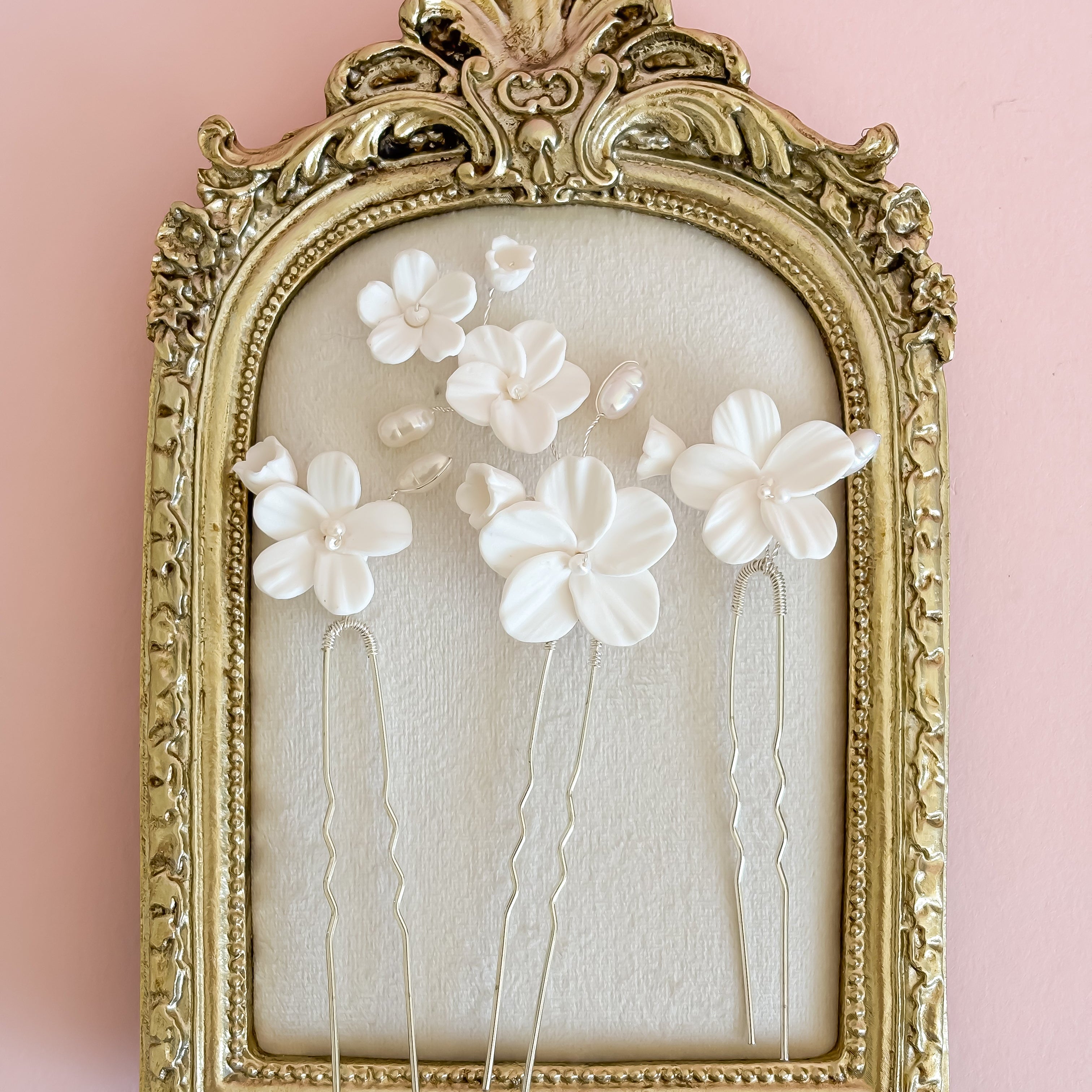 White Clay Flower Bridal Hair Pins: Pearl Wedding Hair Accessories - Set of 3