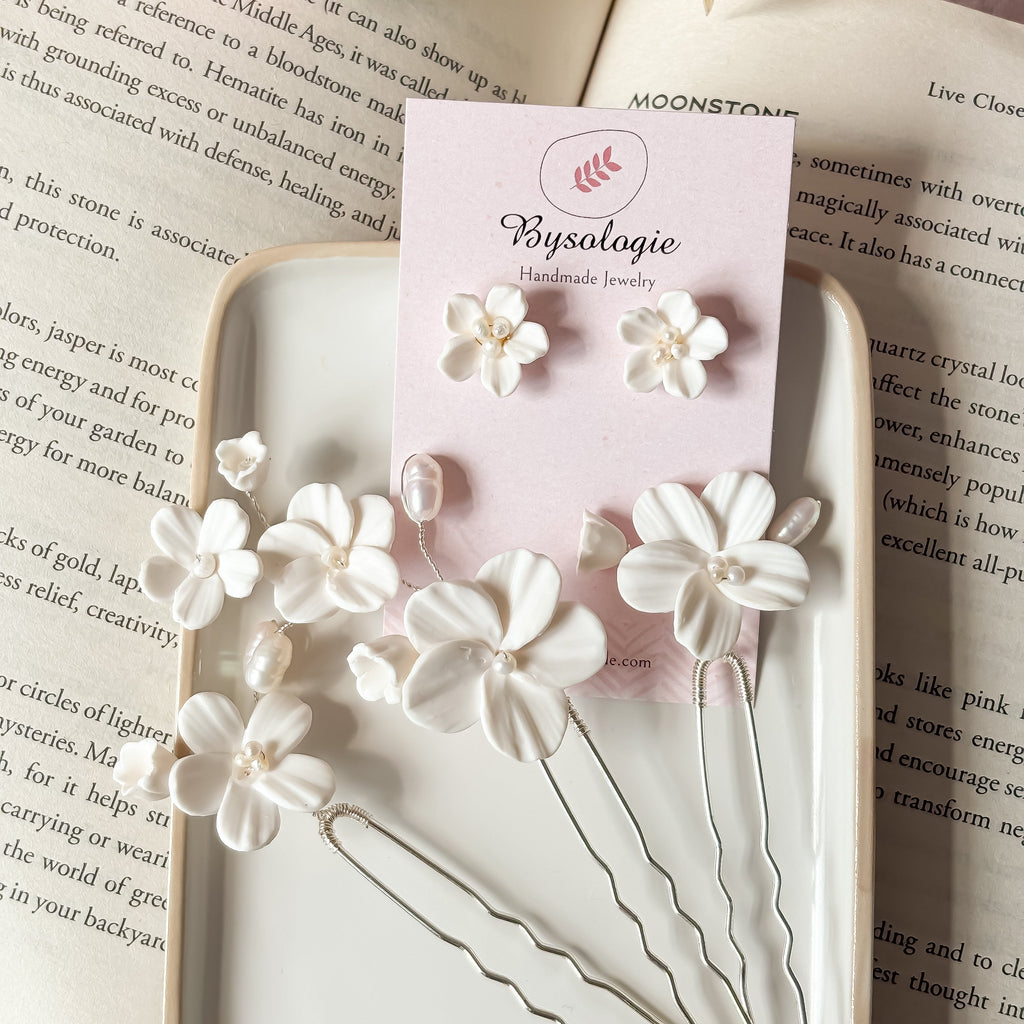 White Clay Flower Bridal Hair Pins: Pearl Wedding Hair Accessories - Set of 3