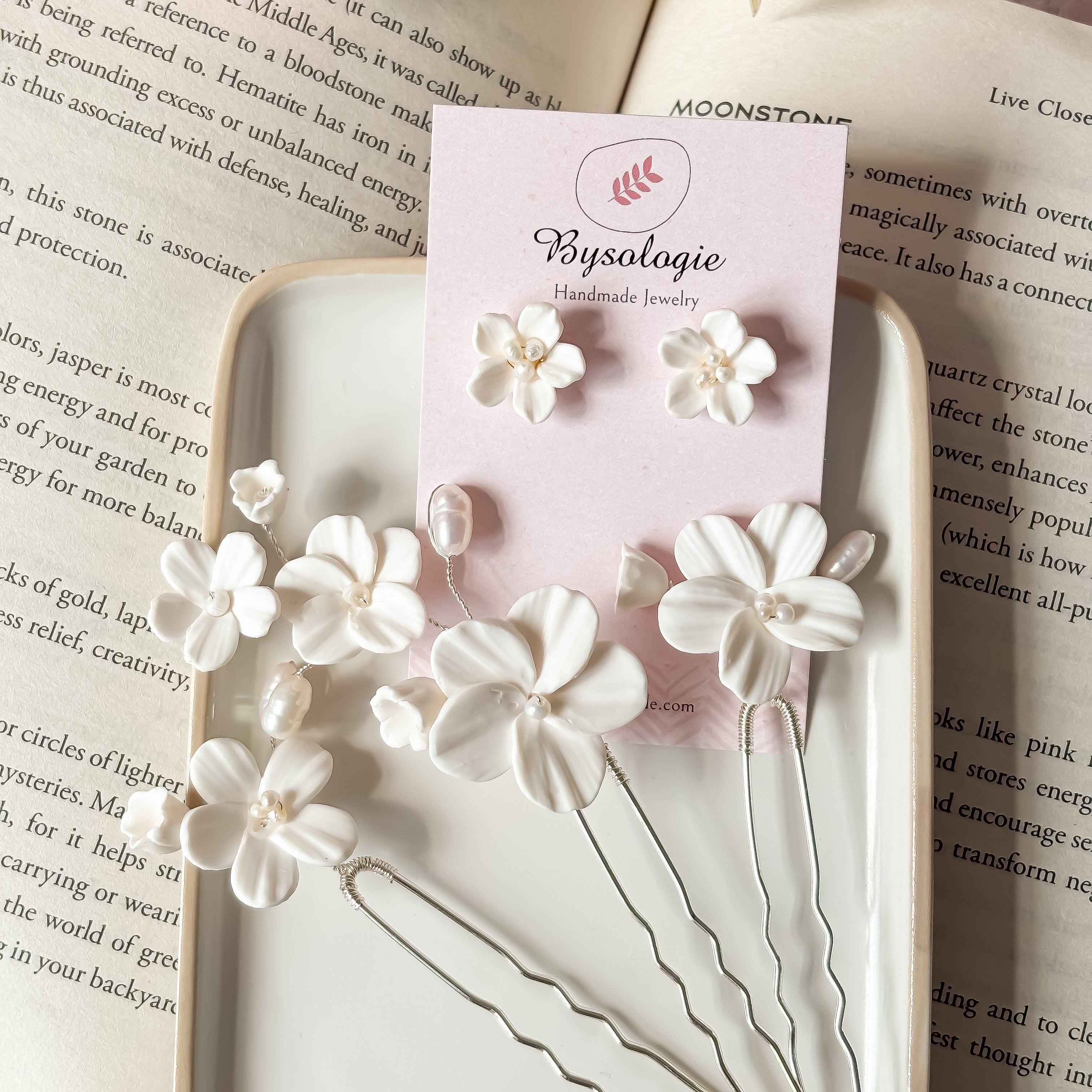 White Clay Flower Bridal Hair Pins: Pearl Wedding Hair Accessories - Set of 3