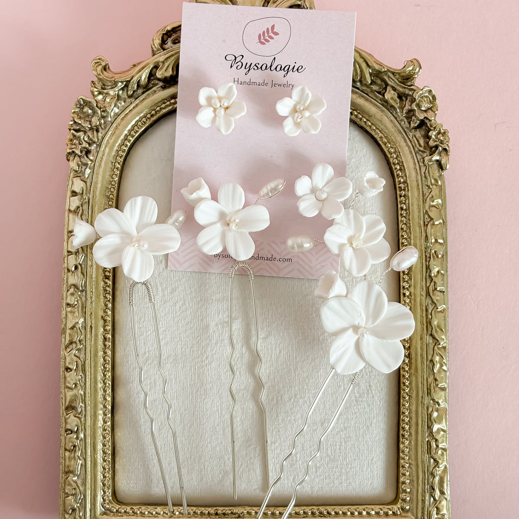 White Clay Flower Bridal Hair Pins: Pearl Wedding Hair Accessories - Set of 3