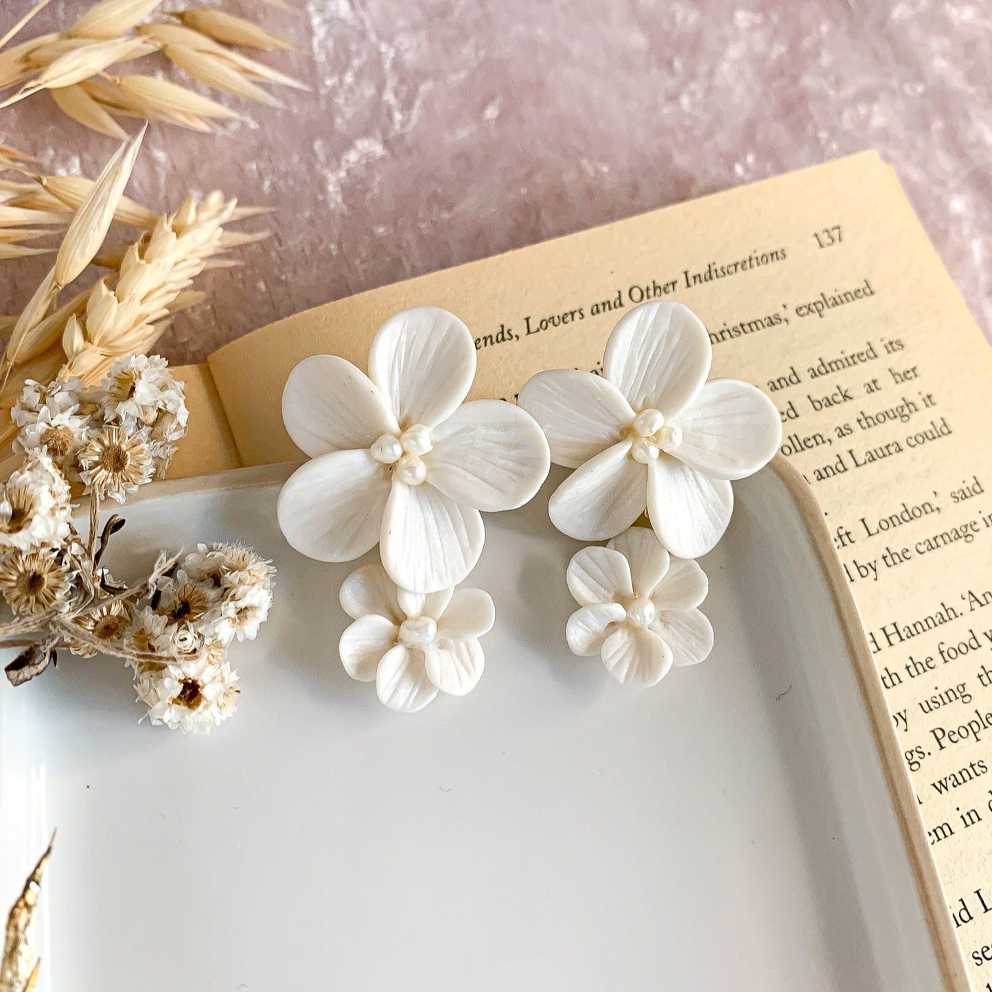 double floral dangly earrings in pearly color clay