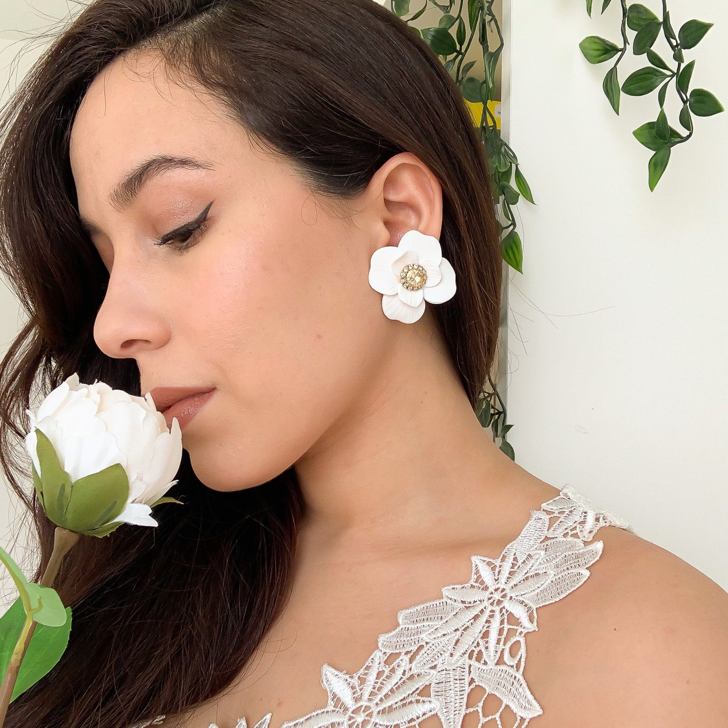 bride with Flower statement crystal earrings