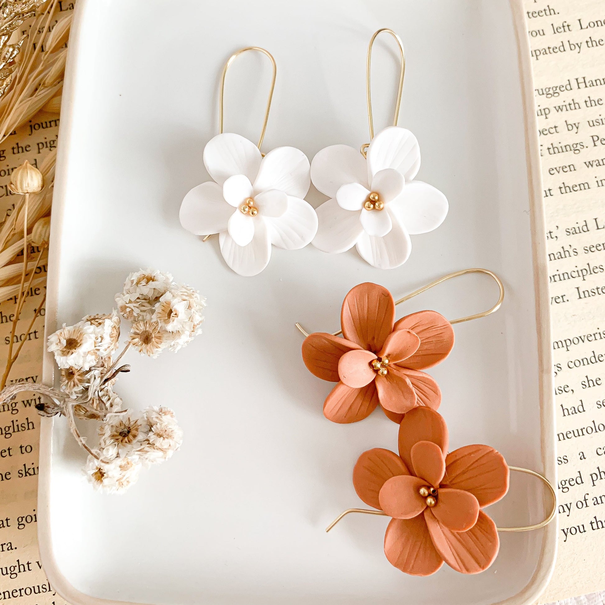 terracotta and white floral dangle earrings