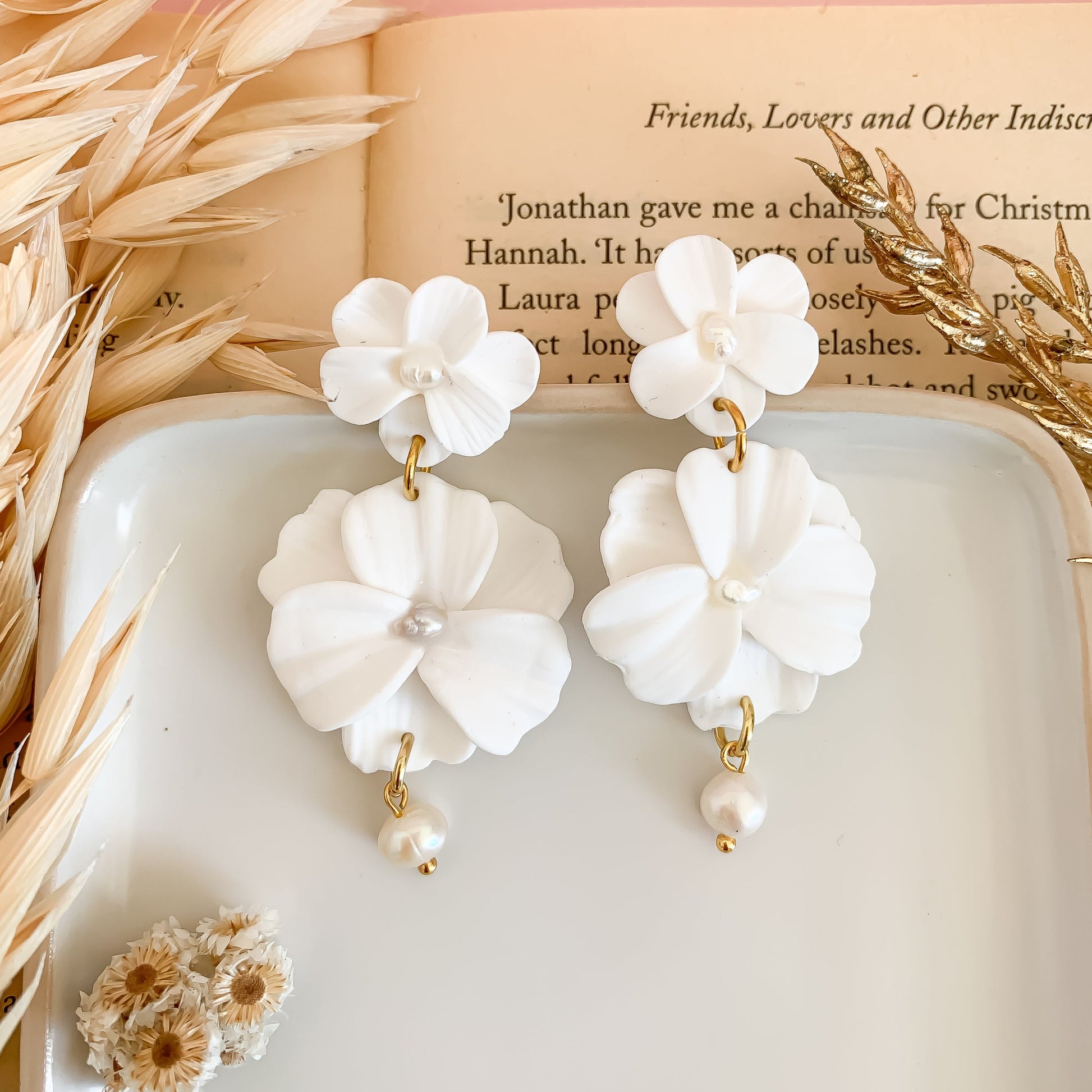 Long double flower earrings in polymer clay and pearl drops