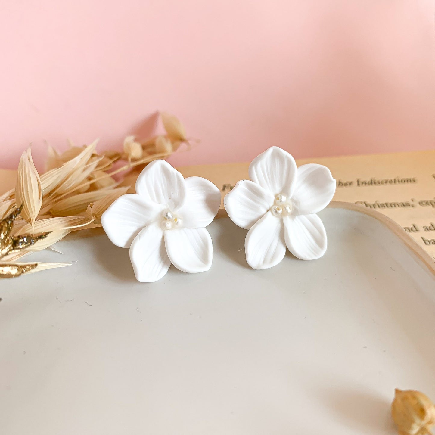 white bridal earrings flower petal in clay