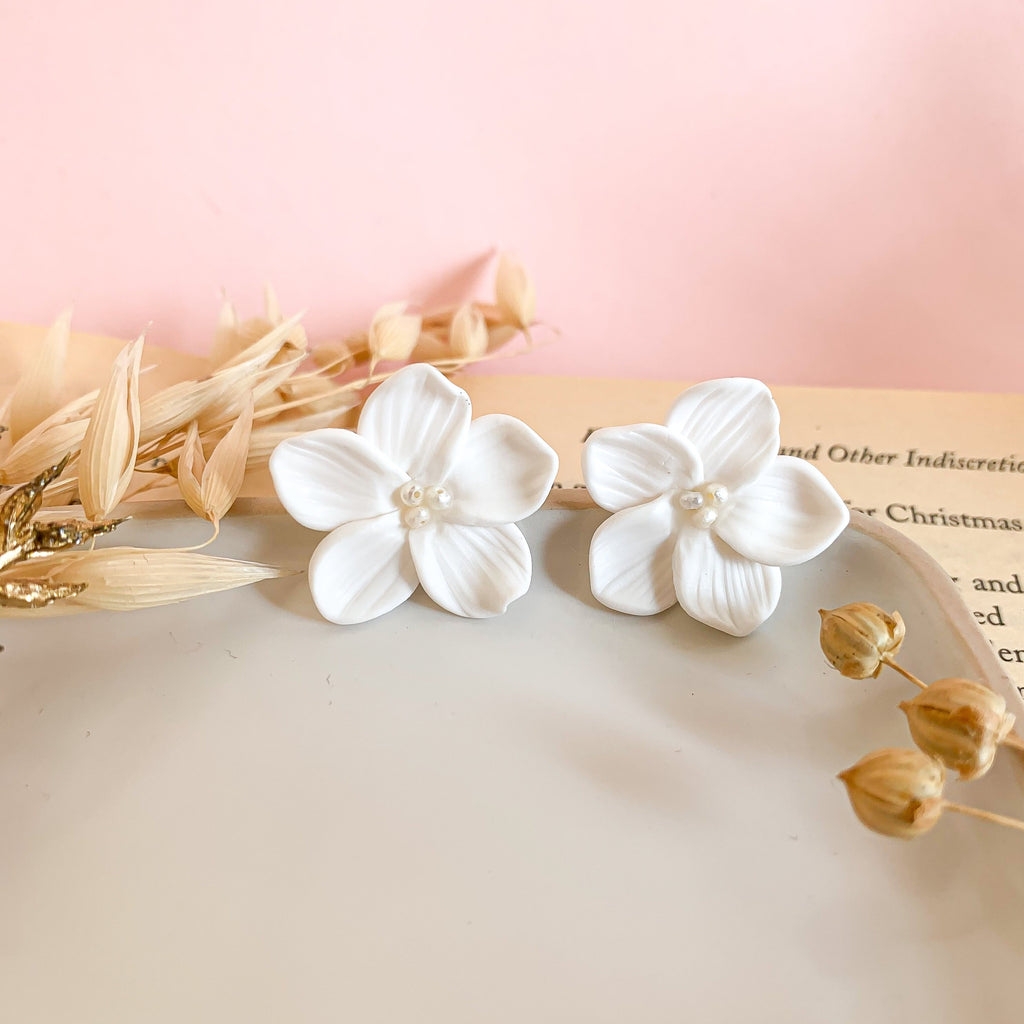 Dainty White Polymer Clay Flower Stud Earrings